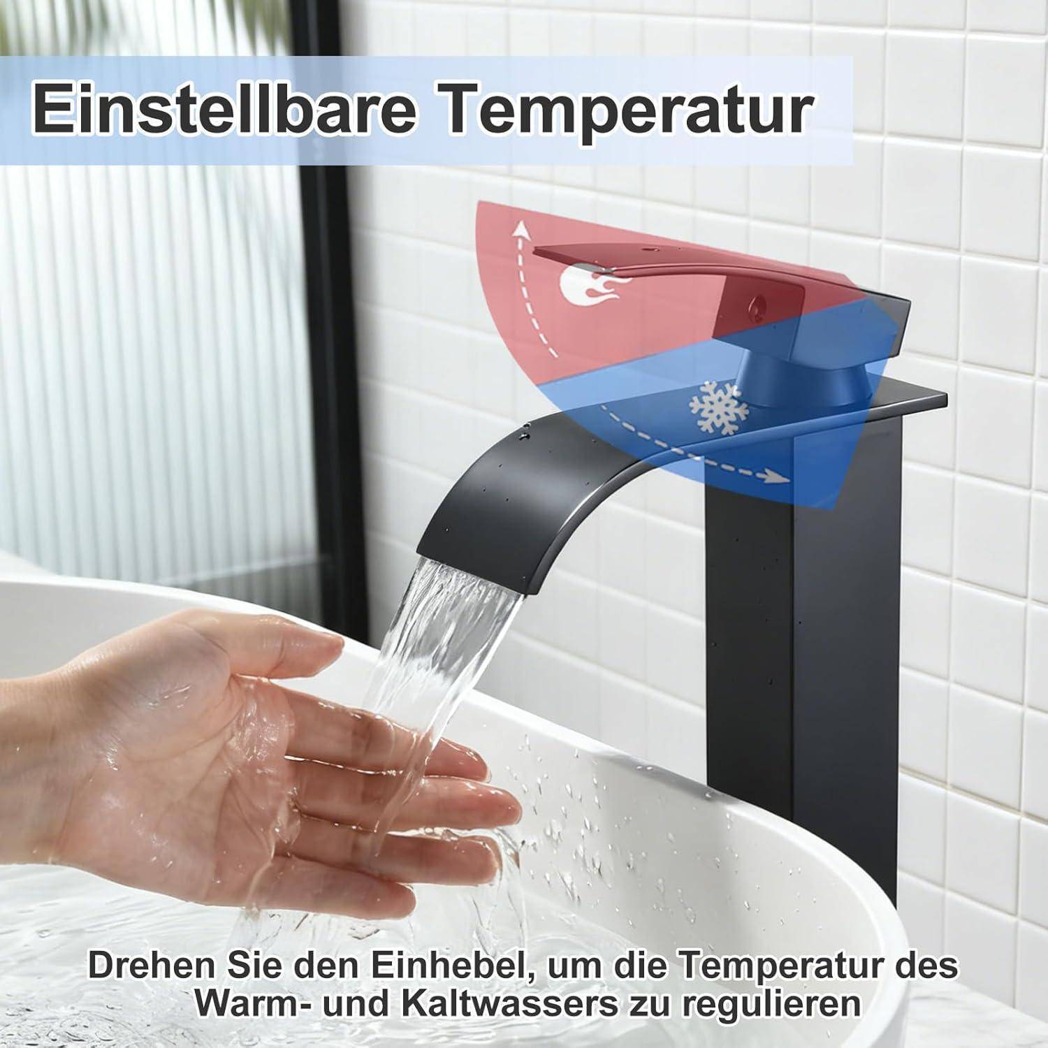 Berührungsloser Wasserhahn mit einer Hand unter fließendem Wasser und deutschem Text „Einstellbare Temperatur