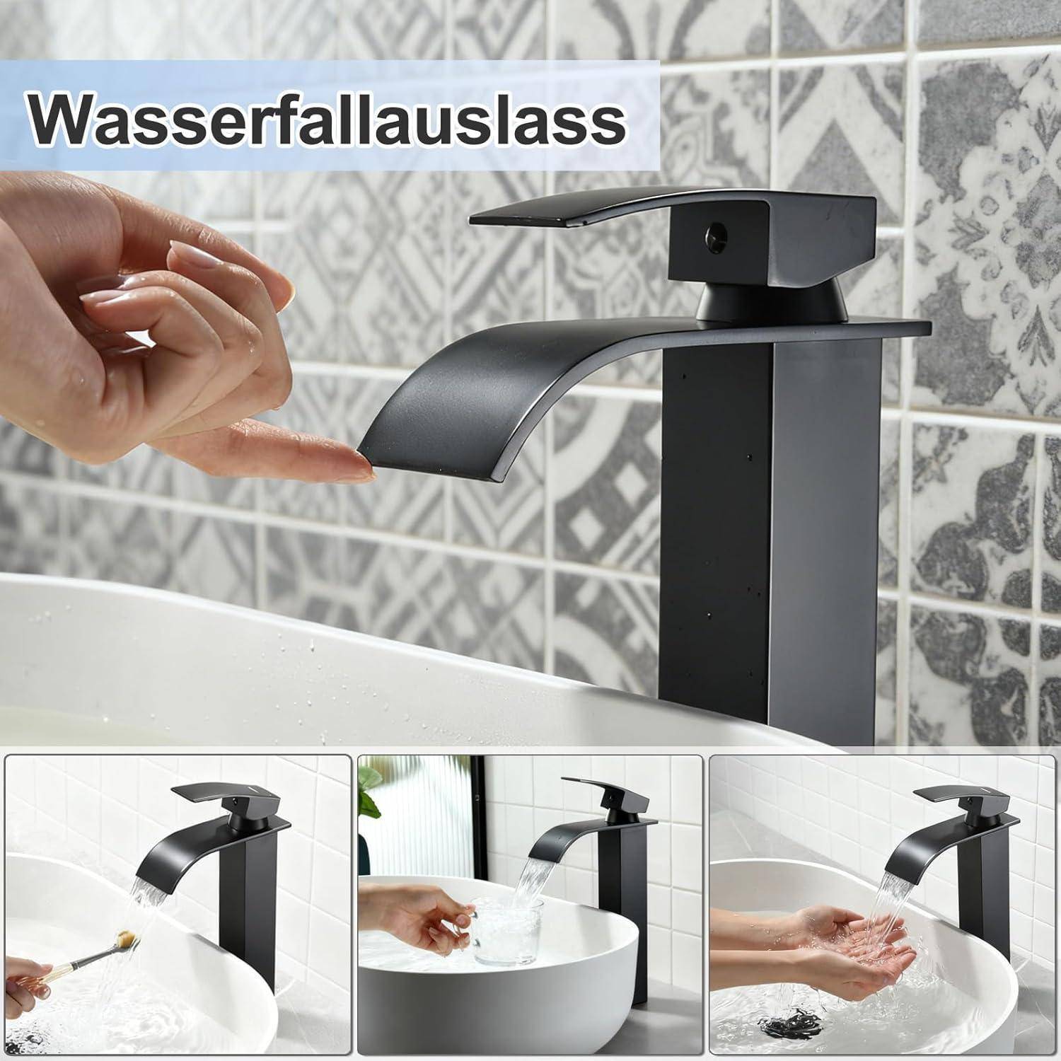 Moderner schwarzer Badezimmerhahn mit gekrümmtem Wasserfallauslauf über einem weißen Waschbecken, gezeigt in Gebrauch mit Händen unter dem Wasser und drei kleineren Ansichten der Verwendung darunter.