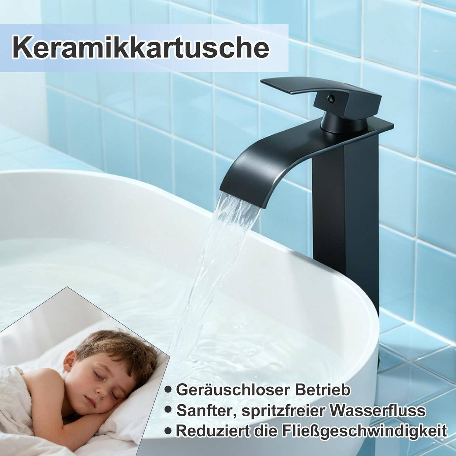 Schwarzer Badezimmerwasserhahn mit der Bezeichnung „Keramikkartusche