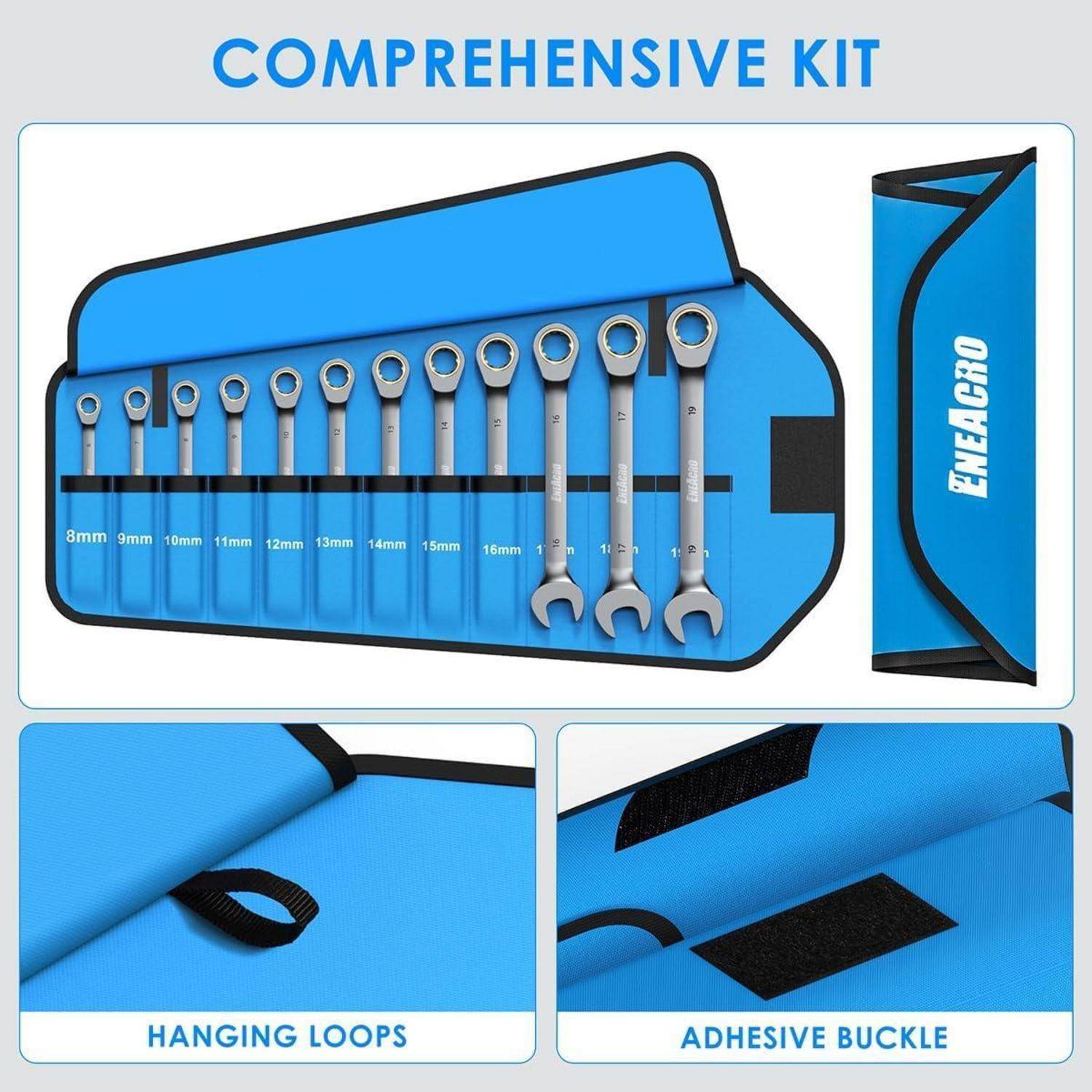 Blue Energro umfassendes Werkzeugset in einer Rolltasche mit beschrifteten Schraubenschlüsseln in den Größen 8mm bis 17mm und Nahaufnahmen von Aufhängeschleifen und einem Klebeverschluss.
