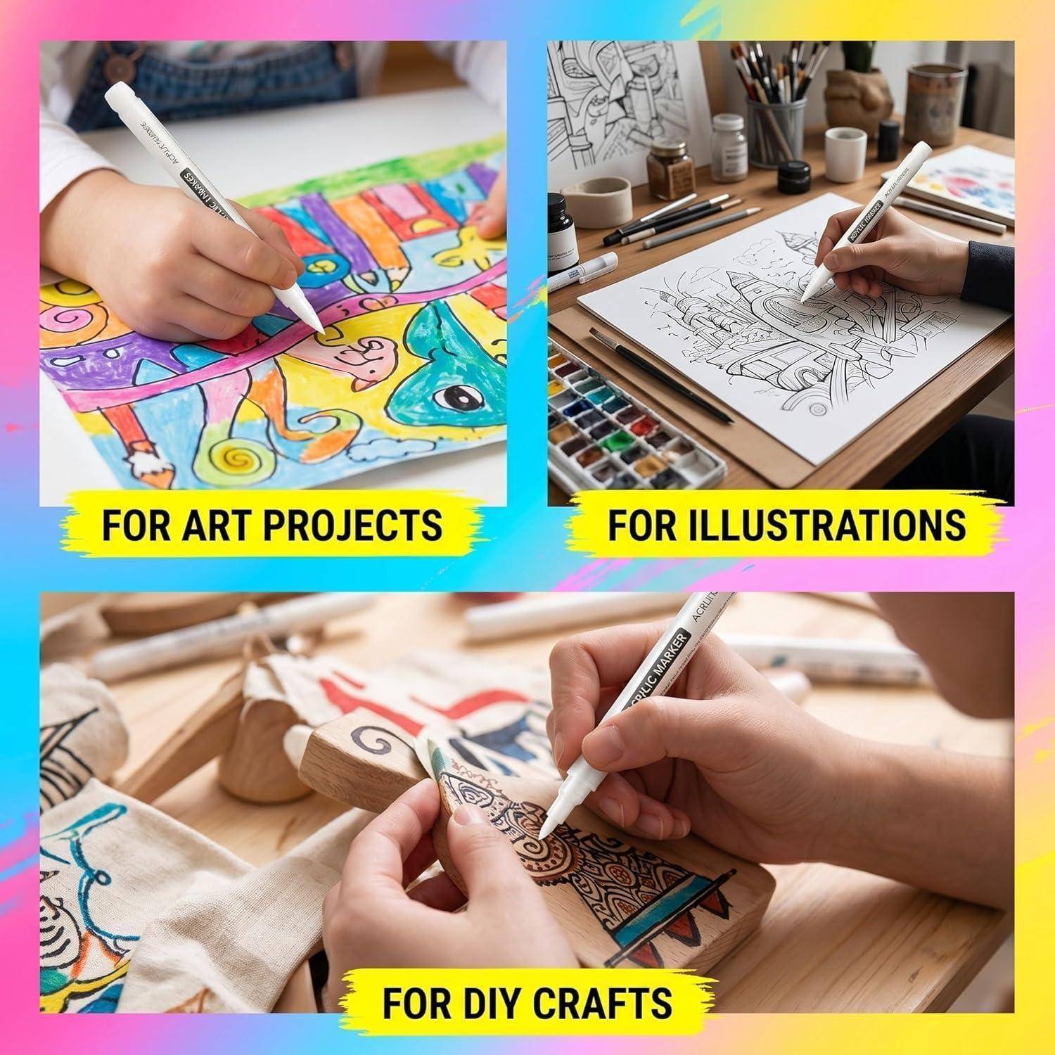 Werbegrafik, die einen weißen Stift für Kunstprojekte, Illustrationen und DIY-Handwerk zeigt, mit drei Beispielszenen und Beschriftungen.