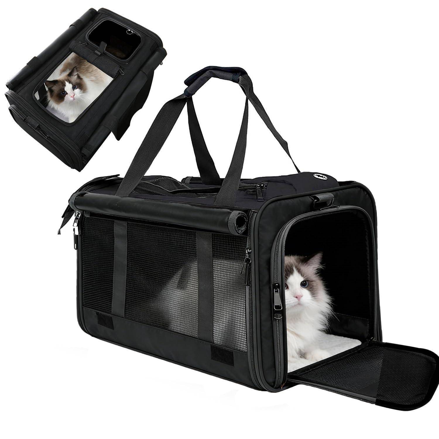 Schwarze Transportbox für Haustiere mit weichen Seiten und Netzseiten sowie offener Fronttür, in der eine weiße Katze zu sehen ist; Die Einschub zeigt die geschlossene Box mit Katze, die durch ein oberes Fenster sichtbar ist.