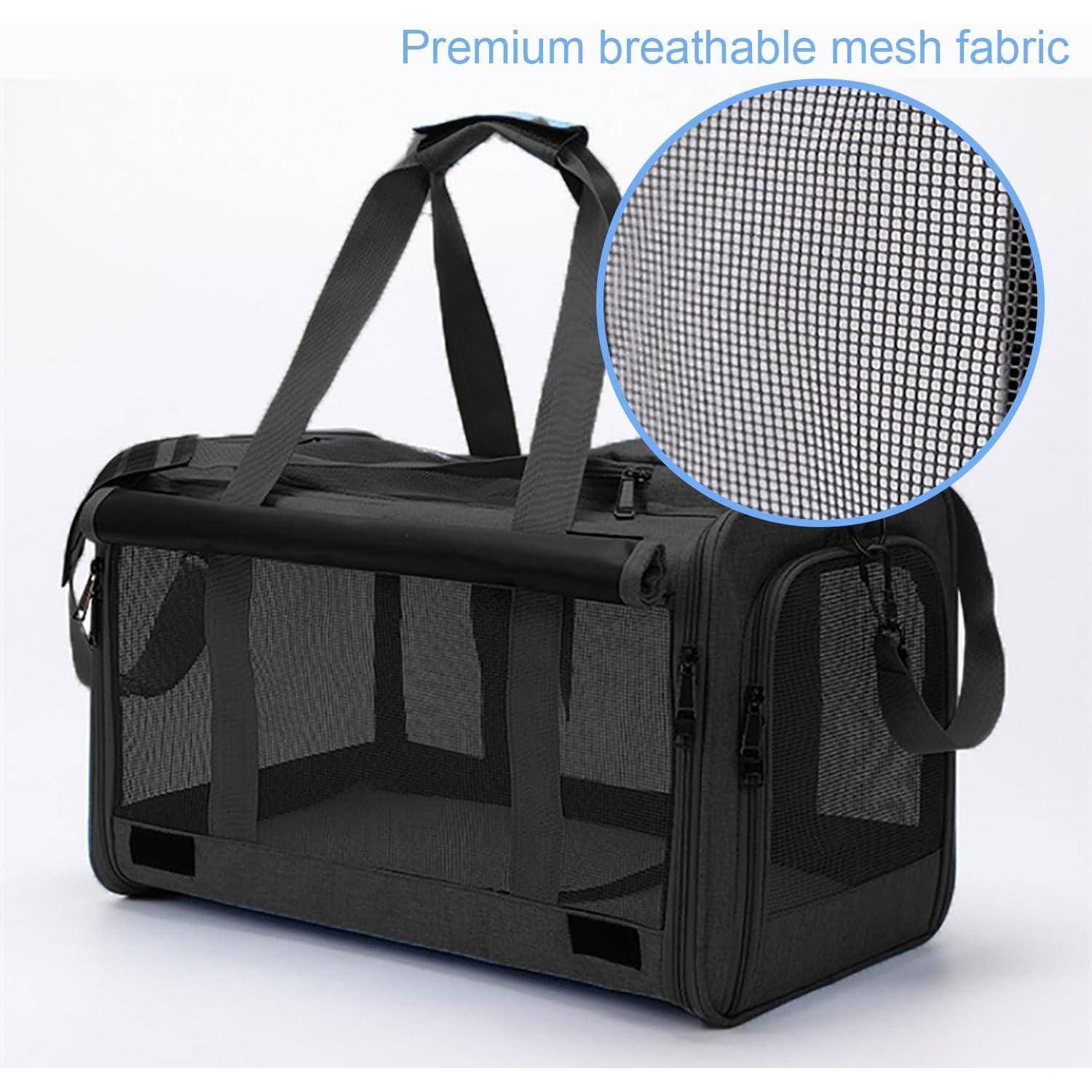 Schwarze Netz-Haustierträgertasche mit Griffen und Schultergurt, gekennzeichnet mit „Premium atmungsaktives Netzgewebe" mit einer Nahaufnahme des Netzgewebes.