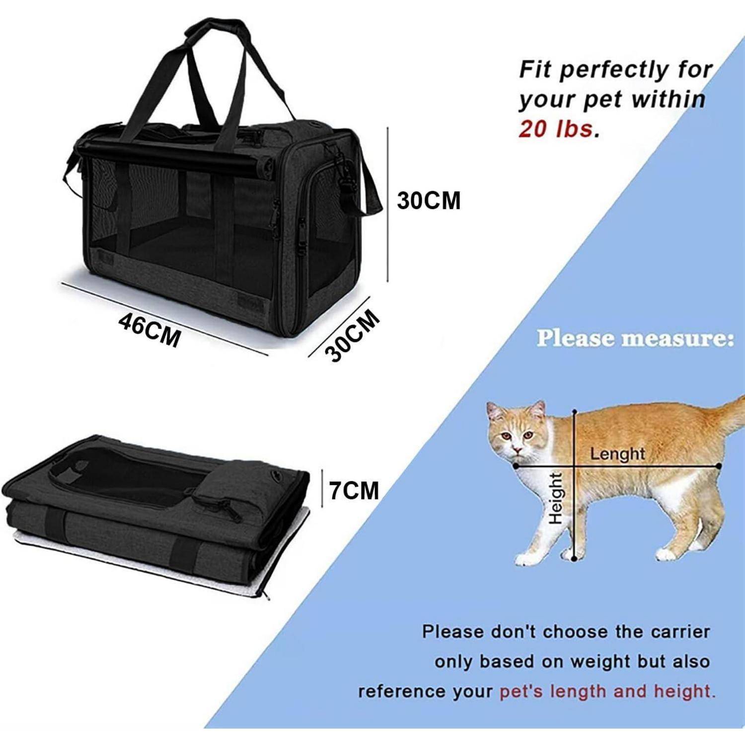 Transportbox-Dimensionen und Größenleitfaden: 46 x 30 x 30 cm, 7 cm zusammengeklappt; geeignet für Haustiere bis 20 Pfund, mit Richtlinien zur Höhen- und Längenmessung.