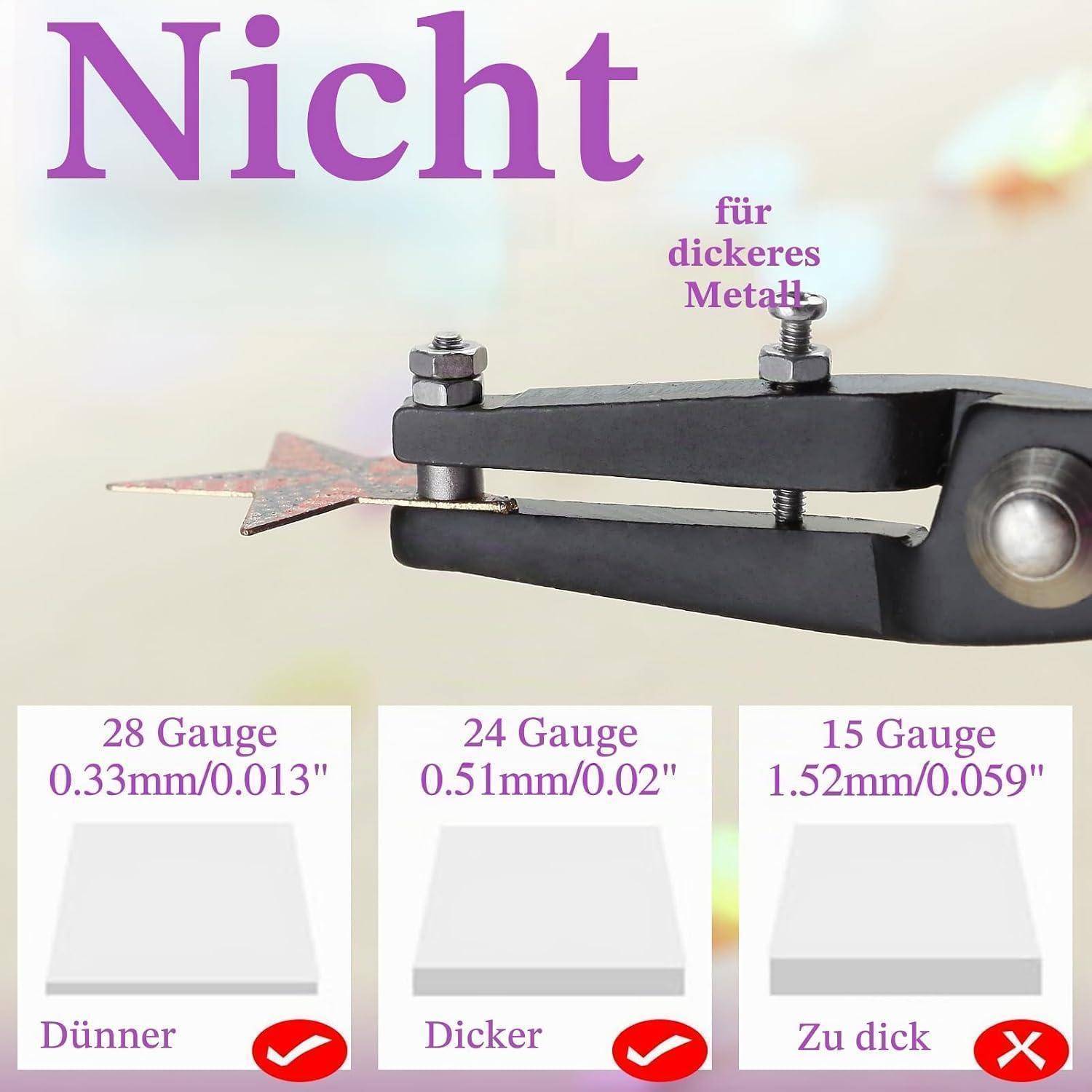Deutsches Dickenmessgerät für Metall: 28er Stärke 0,33 mm/0,013" und 24er Stärke 0,51 mm/0,02"" sind akzeptabel, 15er Stärke 1,52 mm/0,059"" ist zu dick für das Werkzeug.