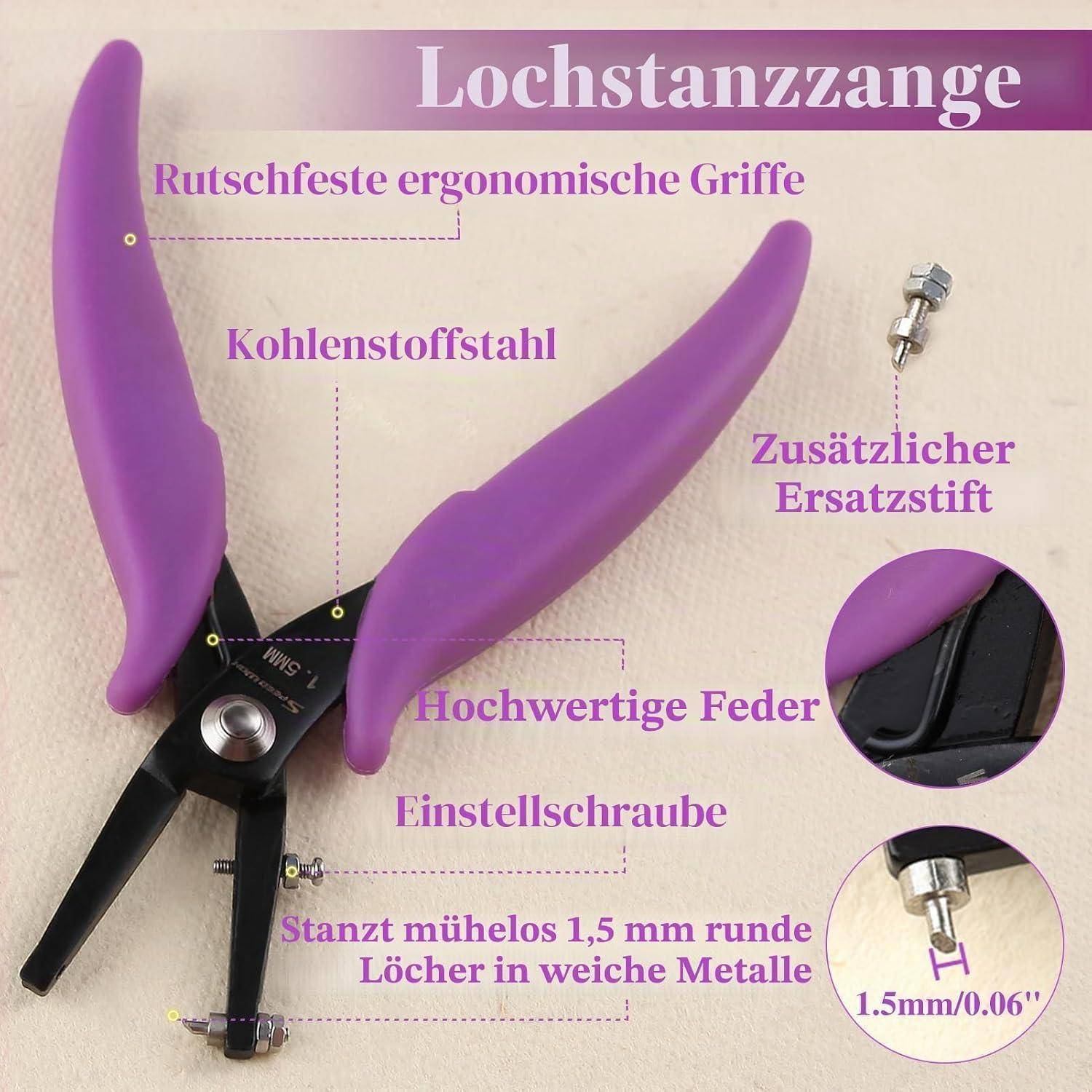 Violette Lochstanzzange mit ergonomischen Griffen, Kohlenstoffstahl, verstellbare Schraube, Ersatzstift und 1,5 mm Lochgröße für Weichmetall.