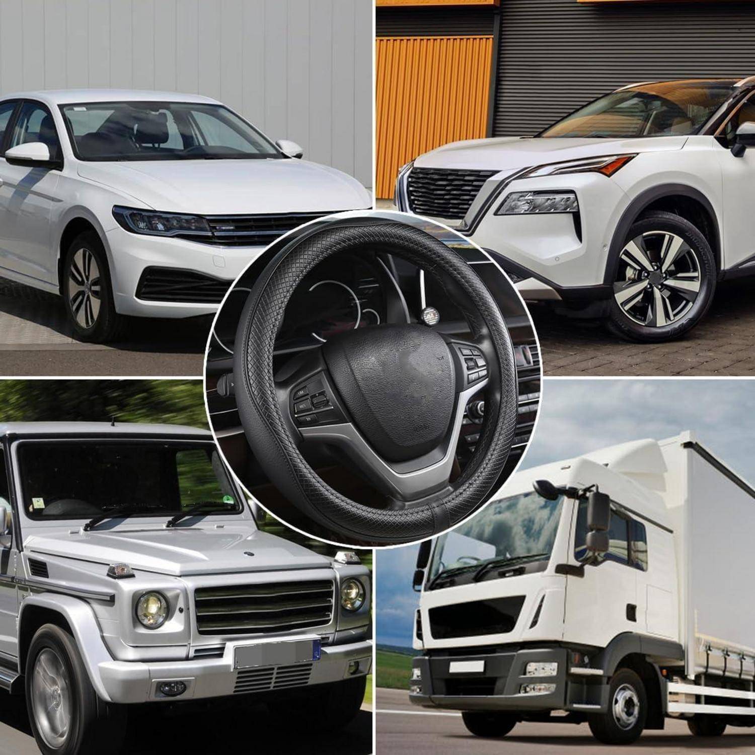 Collage aus vier Fahrzeugen – zwei weiße SUVs, ein silberner kastenförmiger SUV und ein weißer Lastwagen – mit einer Nahaufnahme eines Lenkrads in der Mitte.