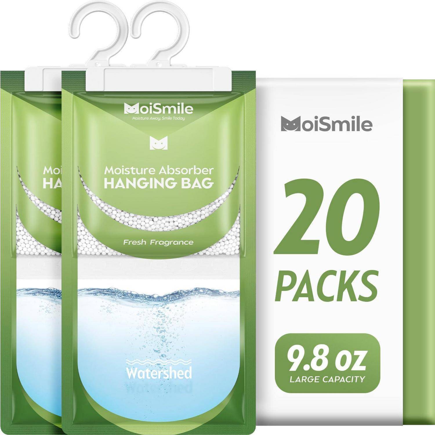 Produktverpackung für MoiSmile Feuchtigkeitsabsorber-Beutel zum Aufhängen, mit 20 Packungen à 9,8 oz großer Kapazität und frischem Duft.