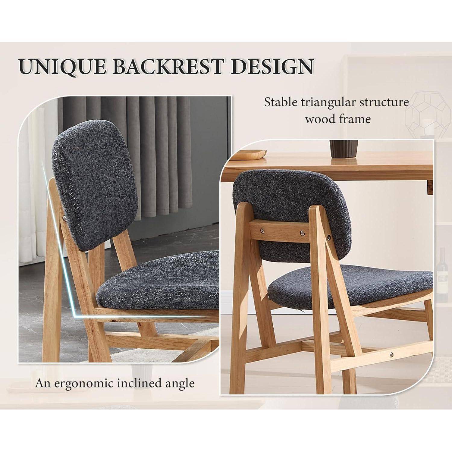 Werbebild eines gepolsterten Holzstuhls mit einem einzigartigen Rückenlehnendesign, stabilem dreieckigem Holzrahmen und ergonomischem Neigungswinkel.