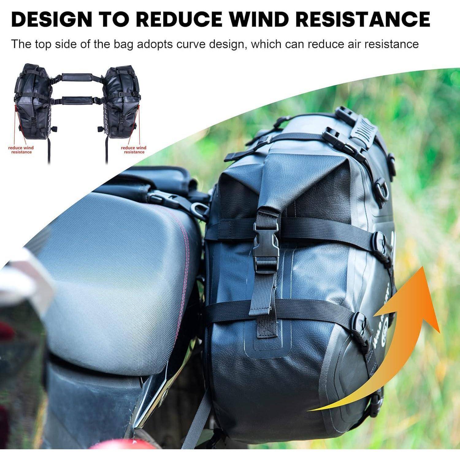 Abbildung einer Motorrad-Seitentasche mit gebogenem Oberflächendesign, beschriftet mit „DESIGN ZUR VERRINGERUNG DES WINDWIDERSTANDS", zeigt reduzierten Luftwiderstand und Luftströmungsrichtung.
