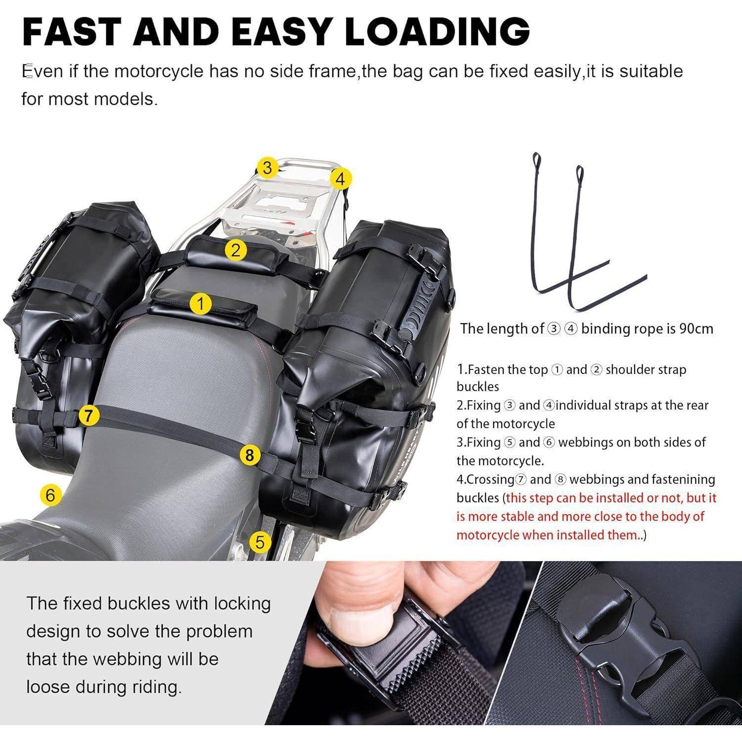 Anleitung Grafik zum Befestigen von Motorrad-Seitentaschen mit nummerierten Riemen und Schnallen, mit Hinweisen auf 90 cm Bindeschnüre und ein Schloßschnallendesign, das ein Lockern verhindert.