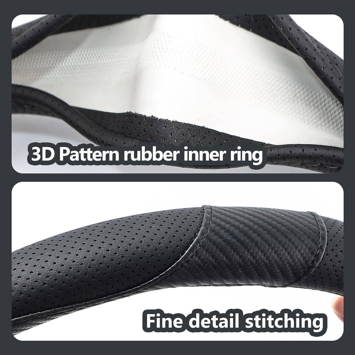 Zwei Nahaufnahmen von Produktfotos zeigen eine schwarze Lenkradabdeckung, die einen strukturierten Gummiring mit 3D-Muster und feiner Detailsteppung hervorhebt.