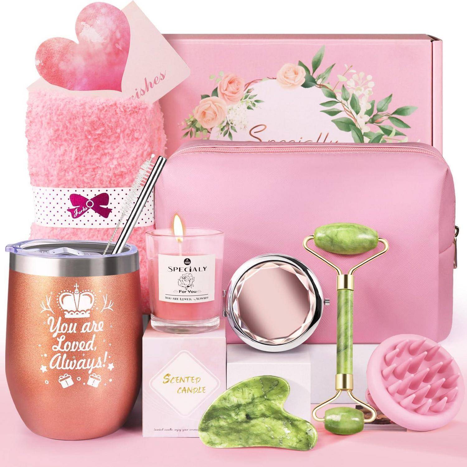 Rosa Selbstpflege-Geschenkset mit Kosmetiktasche, Thermobecher, Kerze, Jade-Roller und Gua-Sha-Stein, Seife, Handtuch und herzförmiger Karte.
