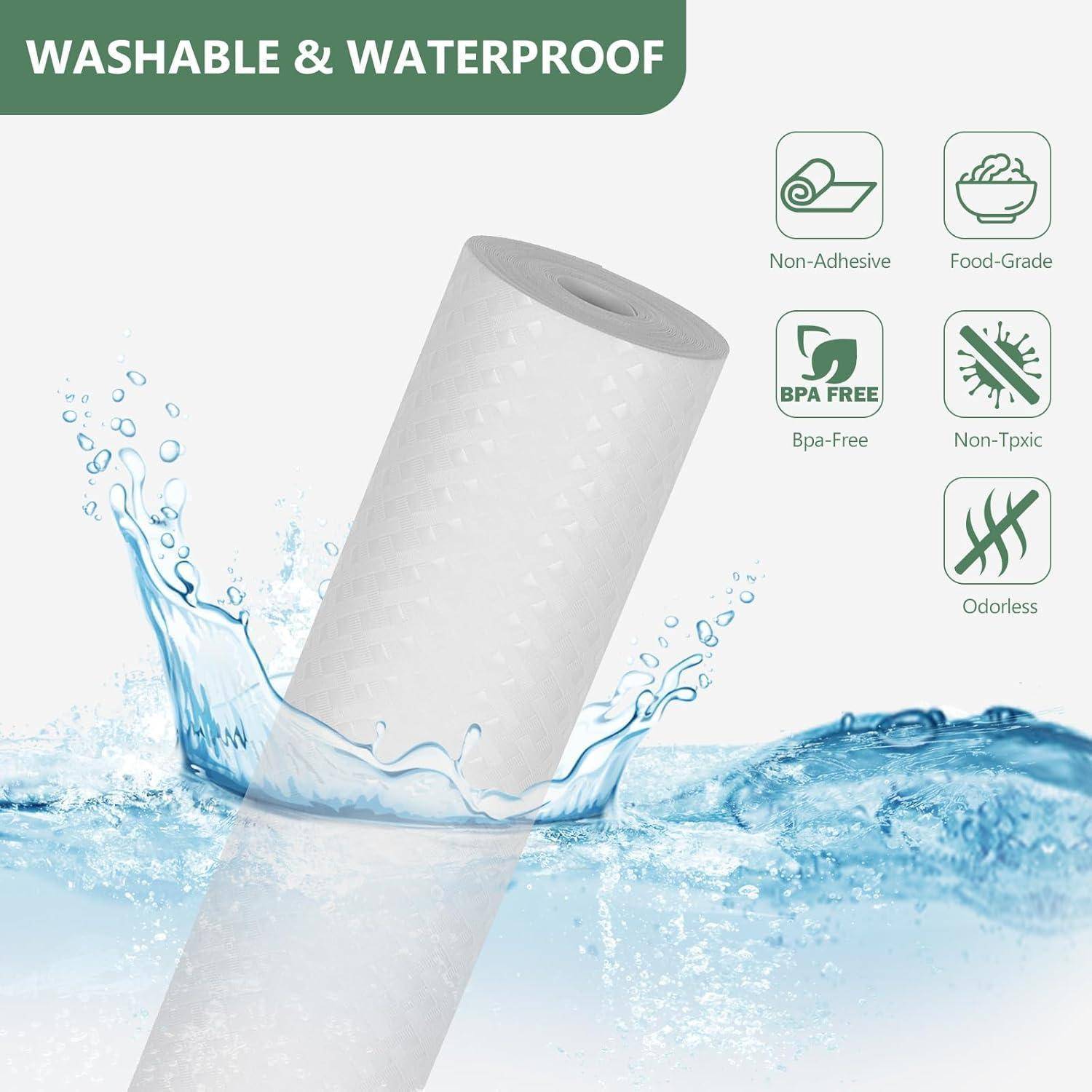 Weiße abwaschbare, wasserfeste Rolle aus Klebepapier im Wasser mit Symbolen, die zeigen: nicht klebrig, lebensmittelecht, BPA-frei, ungiftig und geruchlos.