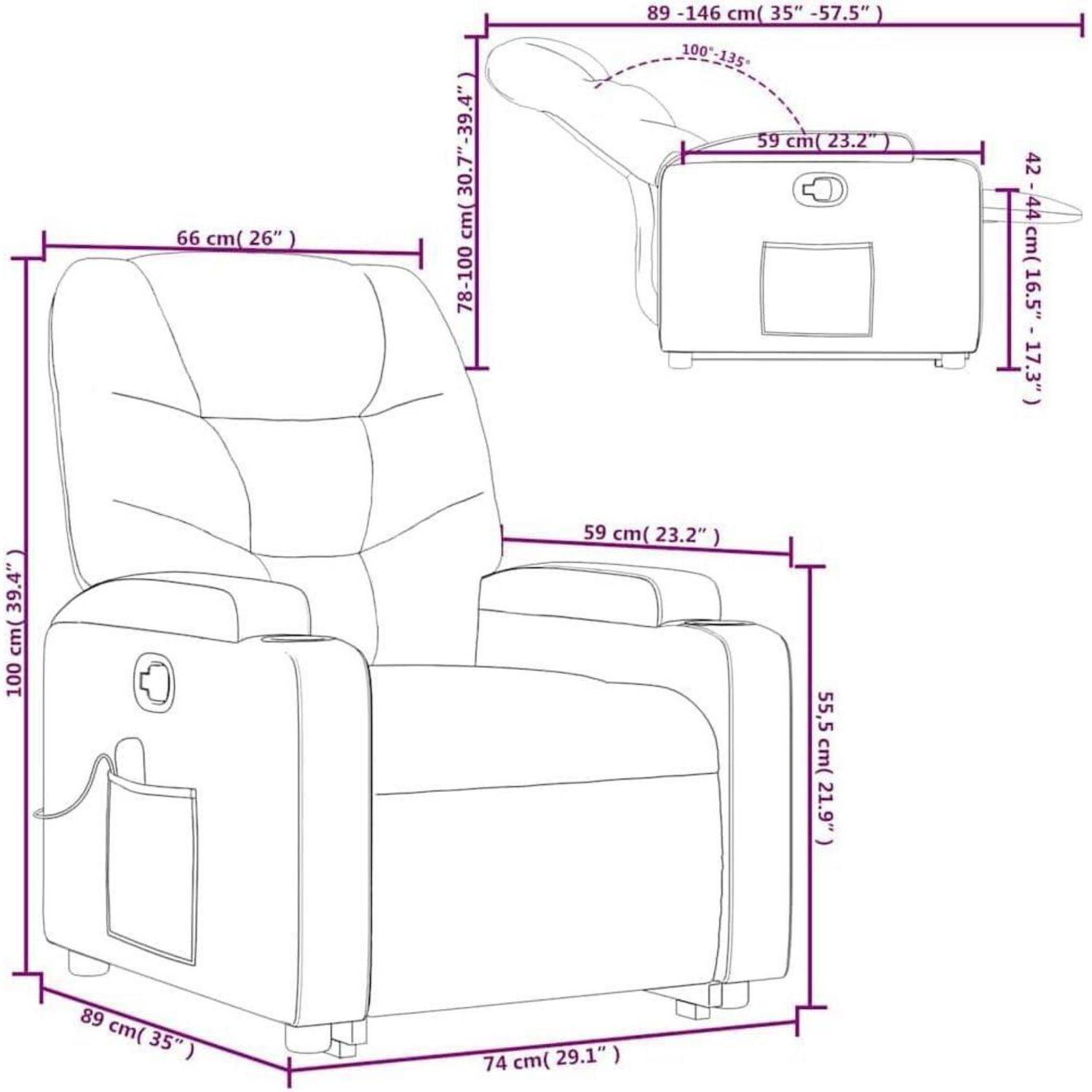 Beschriftetes Diagramm eines Relaxsessels mit Gesamt- und Teilabmessungen: 66 cm breit, 89 cm tief, 100 cm hoch, mit verstellbarer Rückenlehne bis 146 cm und Maßangaben für Armlehne/Sitzfläche.
