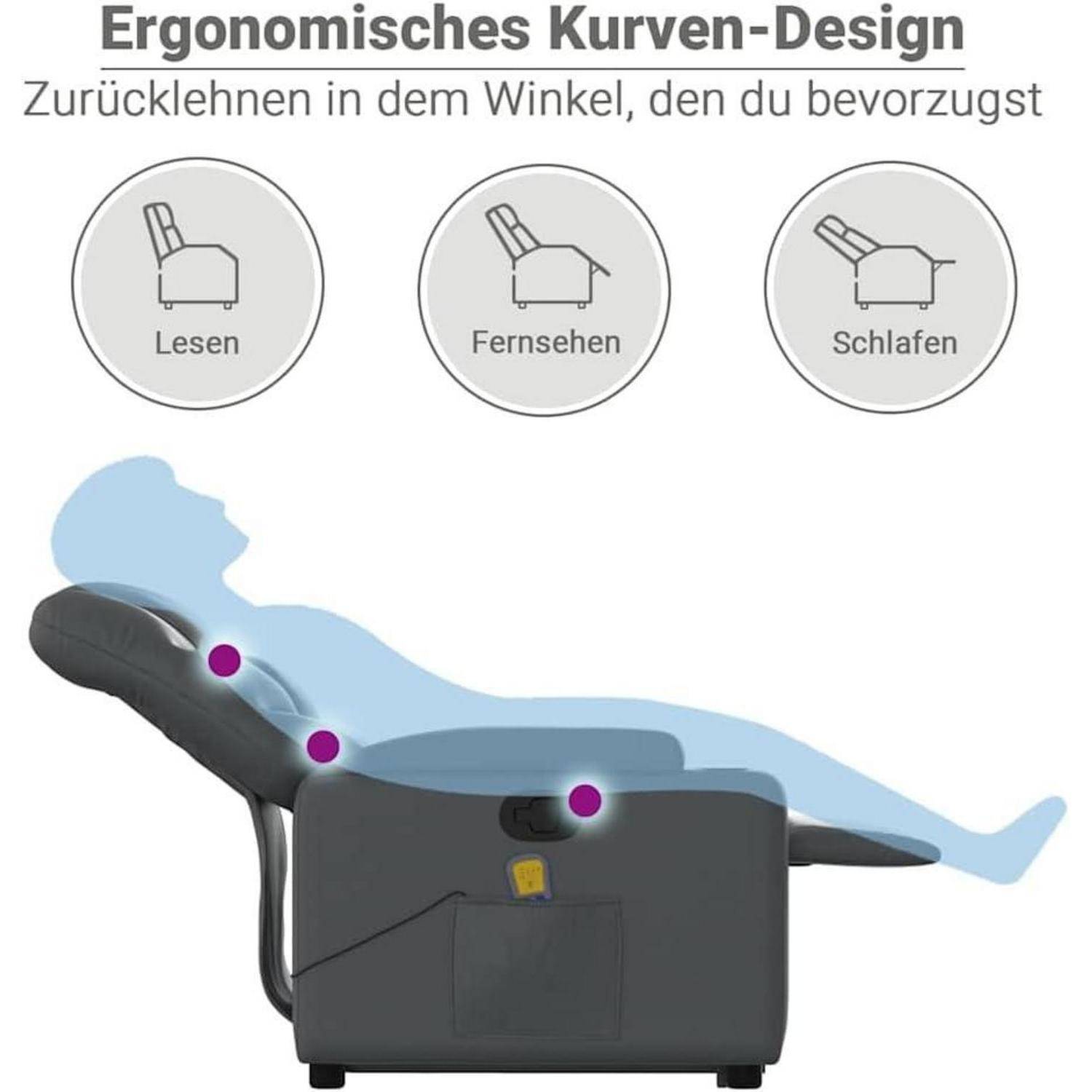 Deutscher Relaxsessel mit ergonomischem gebogenen Design mit drei Verstellpositionen: Lesen, Fernsehen und Schlafen.
