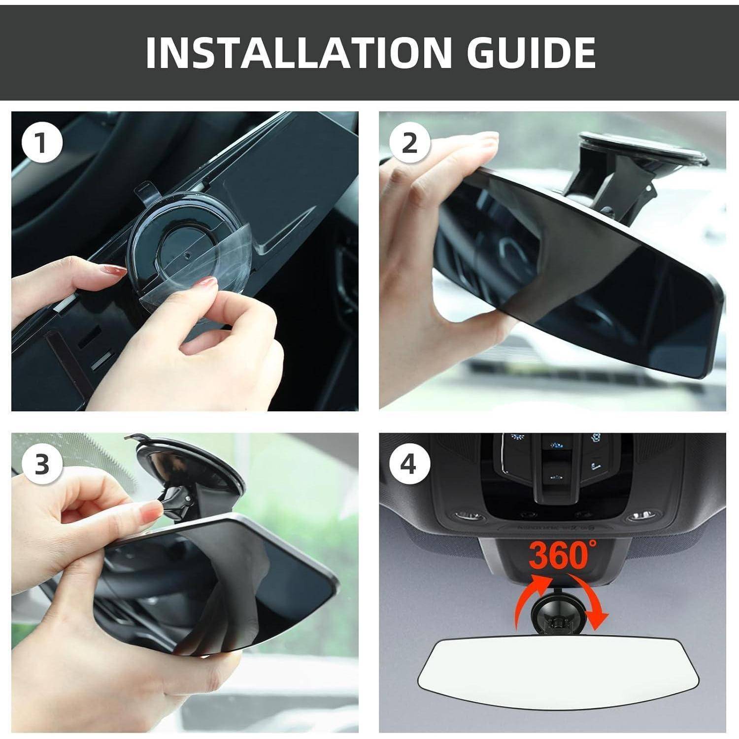 Vierschrittiger Installationsleitfaden für eine Autospiegelhalterung: Schutzfolie abziehen, aufclipsen, Winkel einstellen, dann dreht sich der Spiegel um 360 Grad.