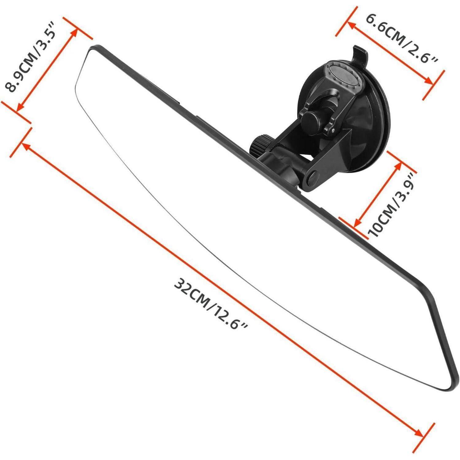 Schwarzer Rückspiegel mit Saugnapfhalterung, gezeigt mit Abmessungen: 32 cm breit, 10 cm hoch, 8,9 cm und 6,6 cm Montagemessungen.