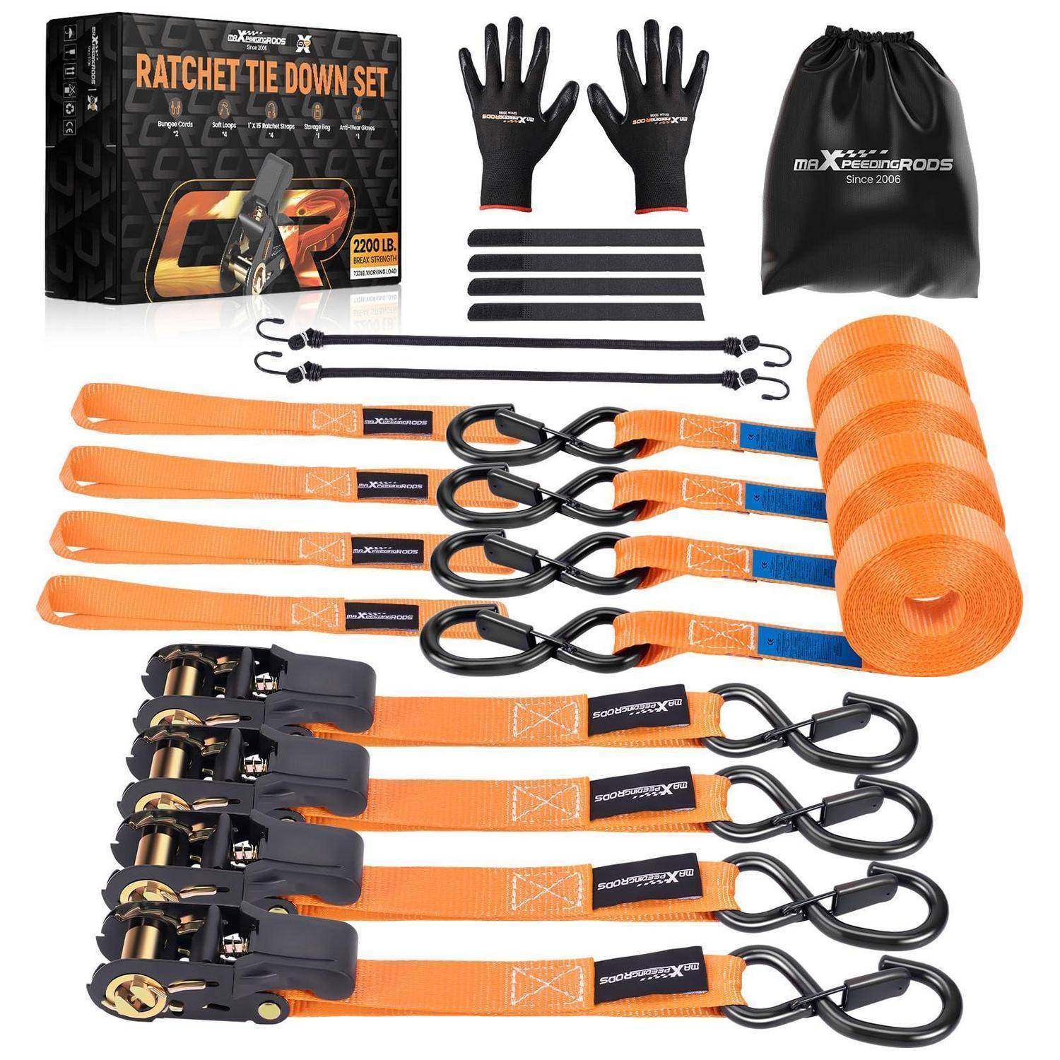 Ratschengurt-Set mit vier orangefarbenen Gurten, Ratschenschnallen, Haken, schwarzen Bungee-Schnüren, Handschuhen, Aufbewahrungstasche und Verpackung mit Tragfähigkeit von 2200 lb.