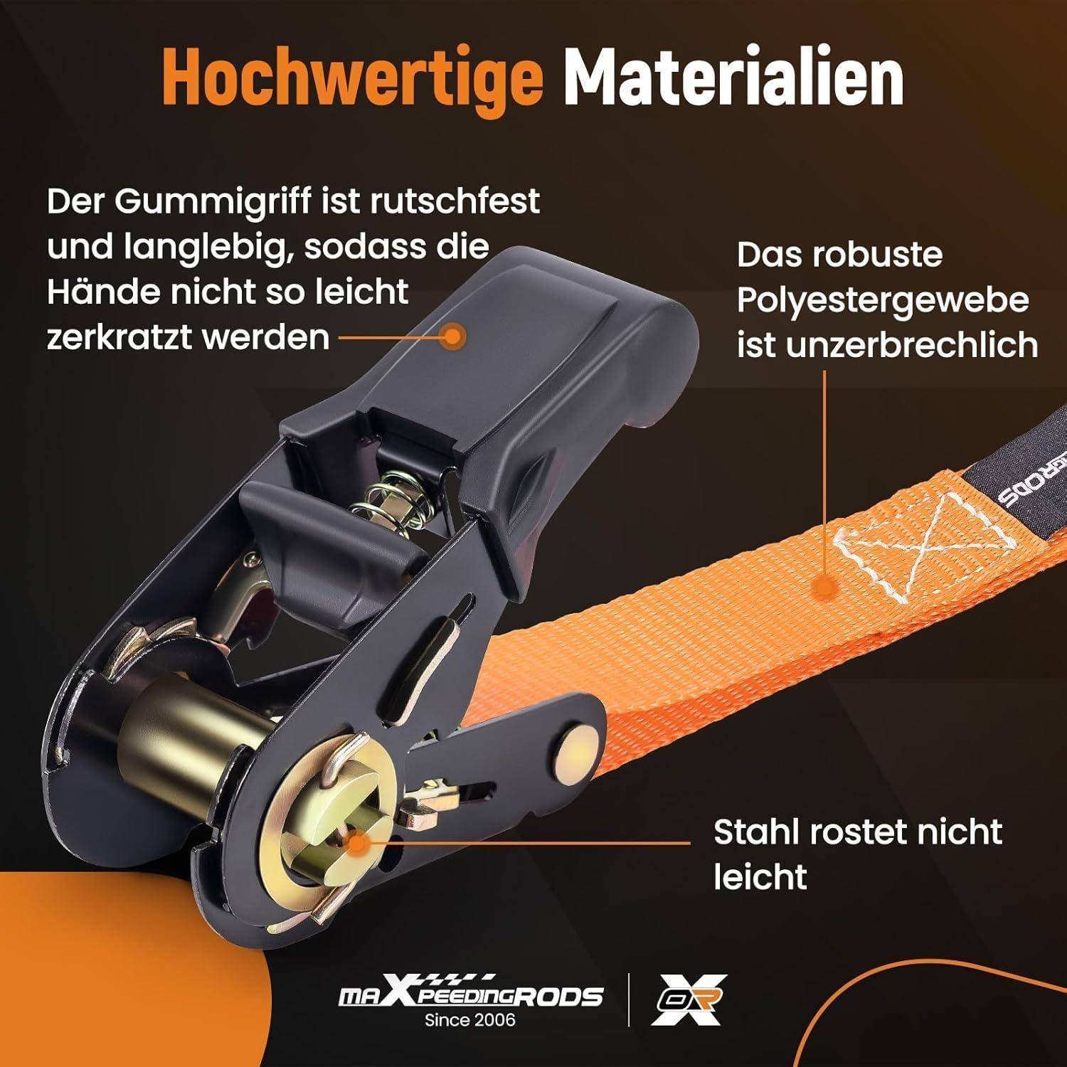 Produktgrafik eines Spannriemens mit langlebigen Materialien: rutschfester Gummigriff, bruchsicheres Polyestergewebe und rostbeständiger Stahl, mit deutschen Beschriftungen.