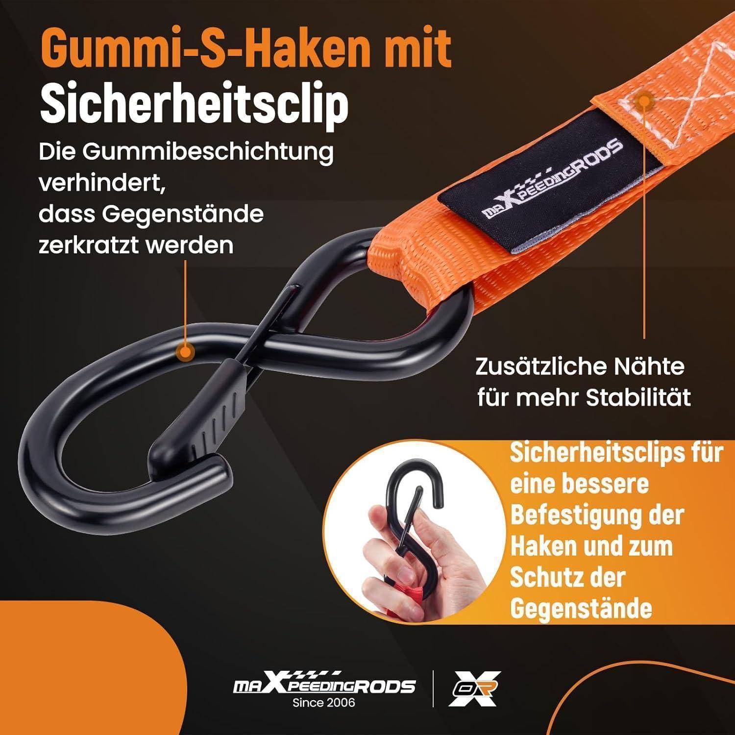 Werbegrafik eines orange-schwarzen Gummi-S-Hakens mit Sicherheitsclip, die einen gummibeschichteten Haken mit Text zeigt, der Kratzschutz, zusätzliche Stabilität und sichere Befestigung hervorhebt.