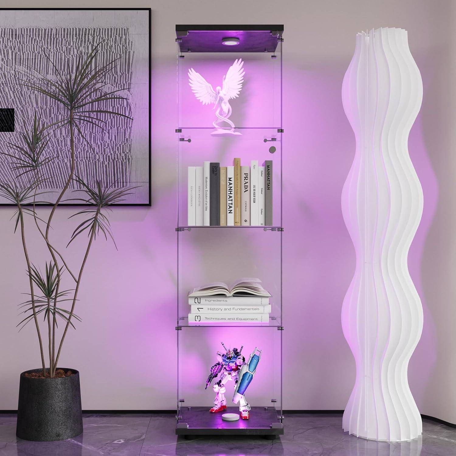 Glasvitrine Standvitrine mit LED Beleuchtung, Modern Glas Vitrine Sammlervitrine Vitrinenschrank mit 4 Böden aus Gehärtetem Glas für Sammlerstücke