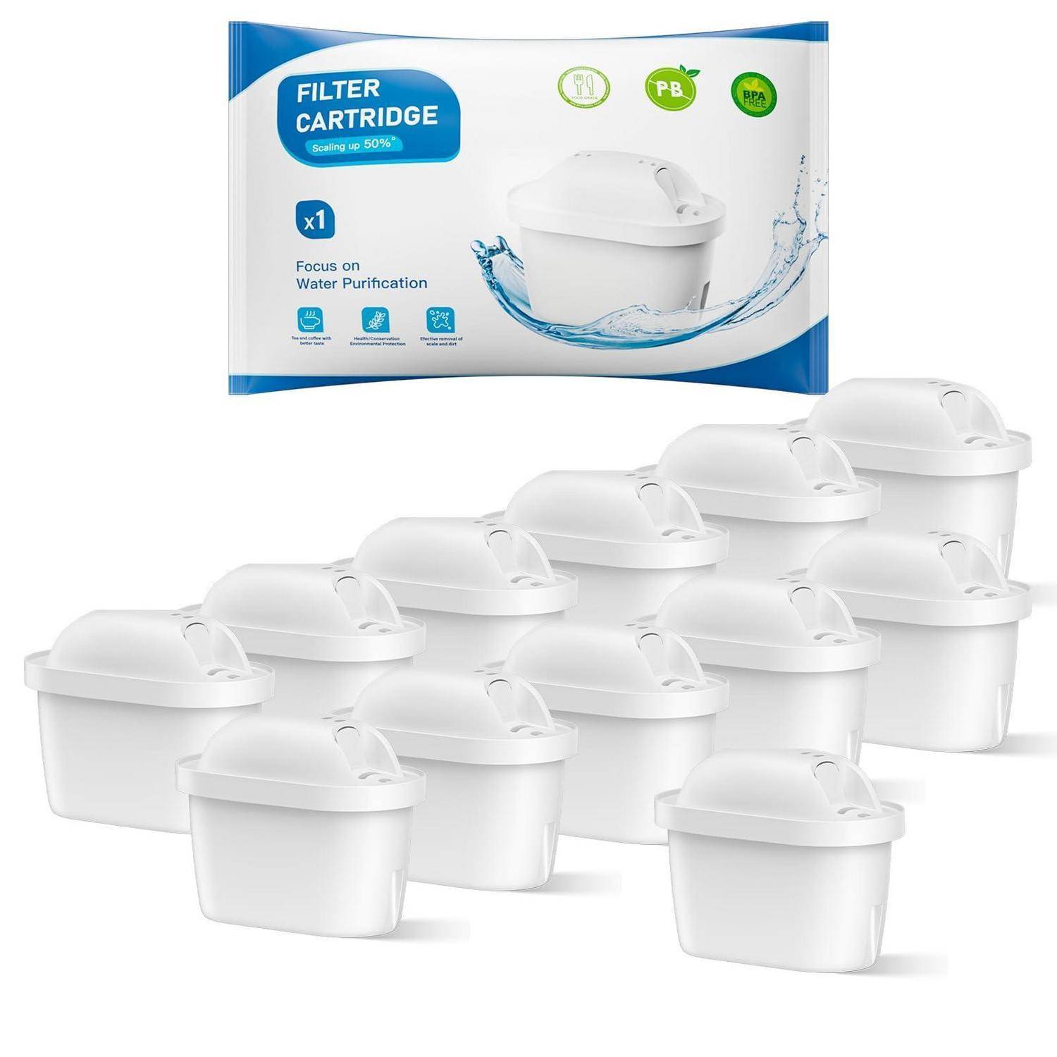 Pack weißer Wasserfilterpatronen mit einer blau-weißen „FILTERPATRONE