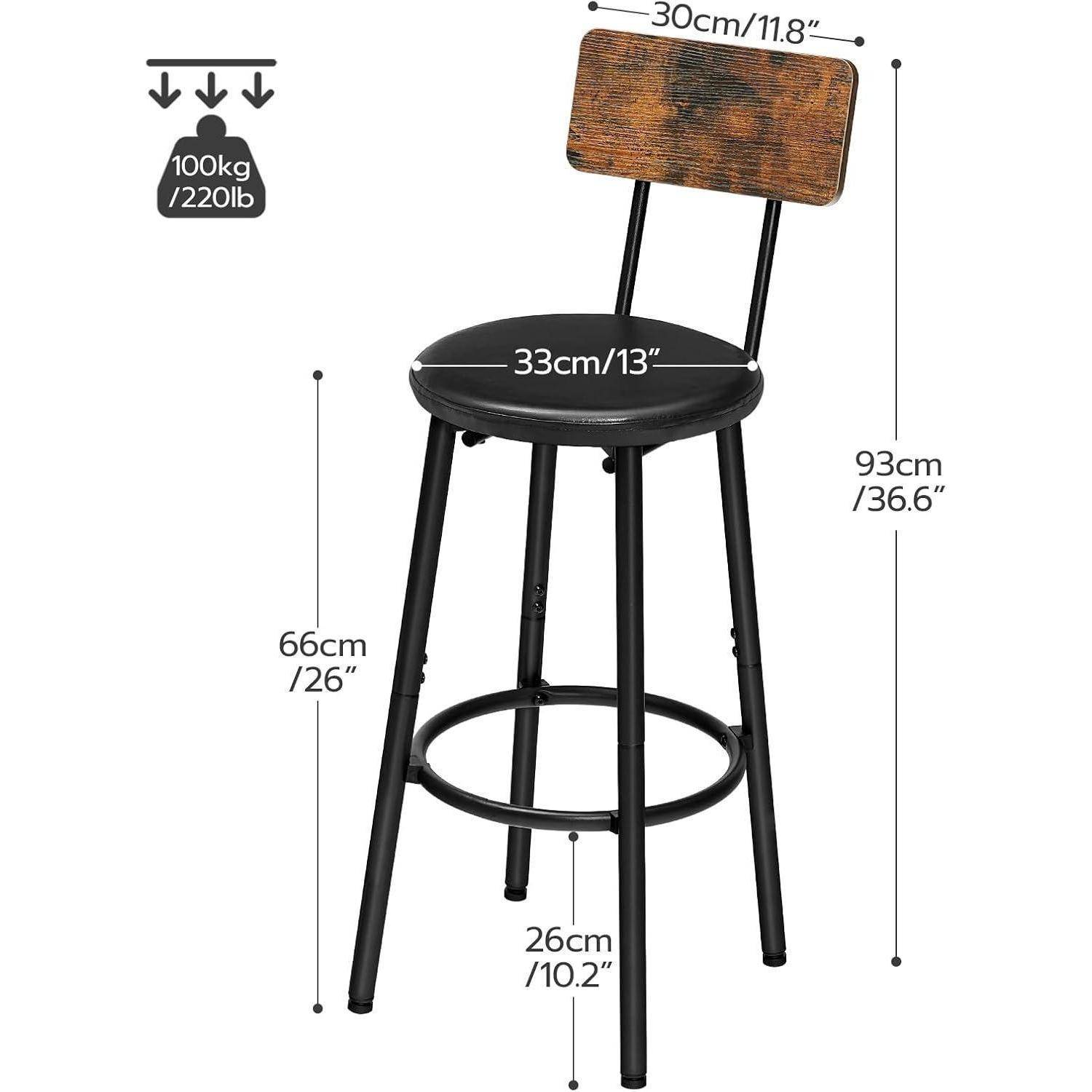 Industrieller Barhocker mit rundem Sitz und Rückenlehne; Abmessungen gekennzeichnet 93 cm Höhe, 66 cm Sitzhöhe, 33 cm Sitzbreite, 30 cm Rückenlehnenbreite, 26 cm Fußstütze, trägt 100 kg/220 lb.