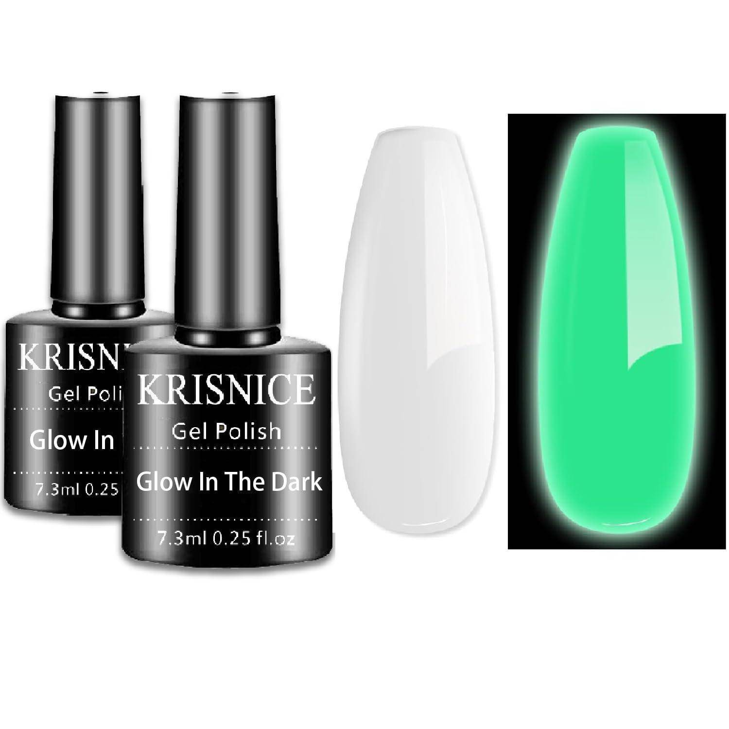 Zwei KRISNICE-Gel-Politur-Flaschen mit der Bezeichnung „Glow In The Dark