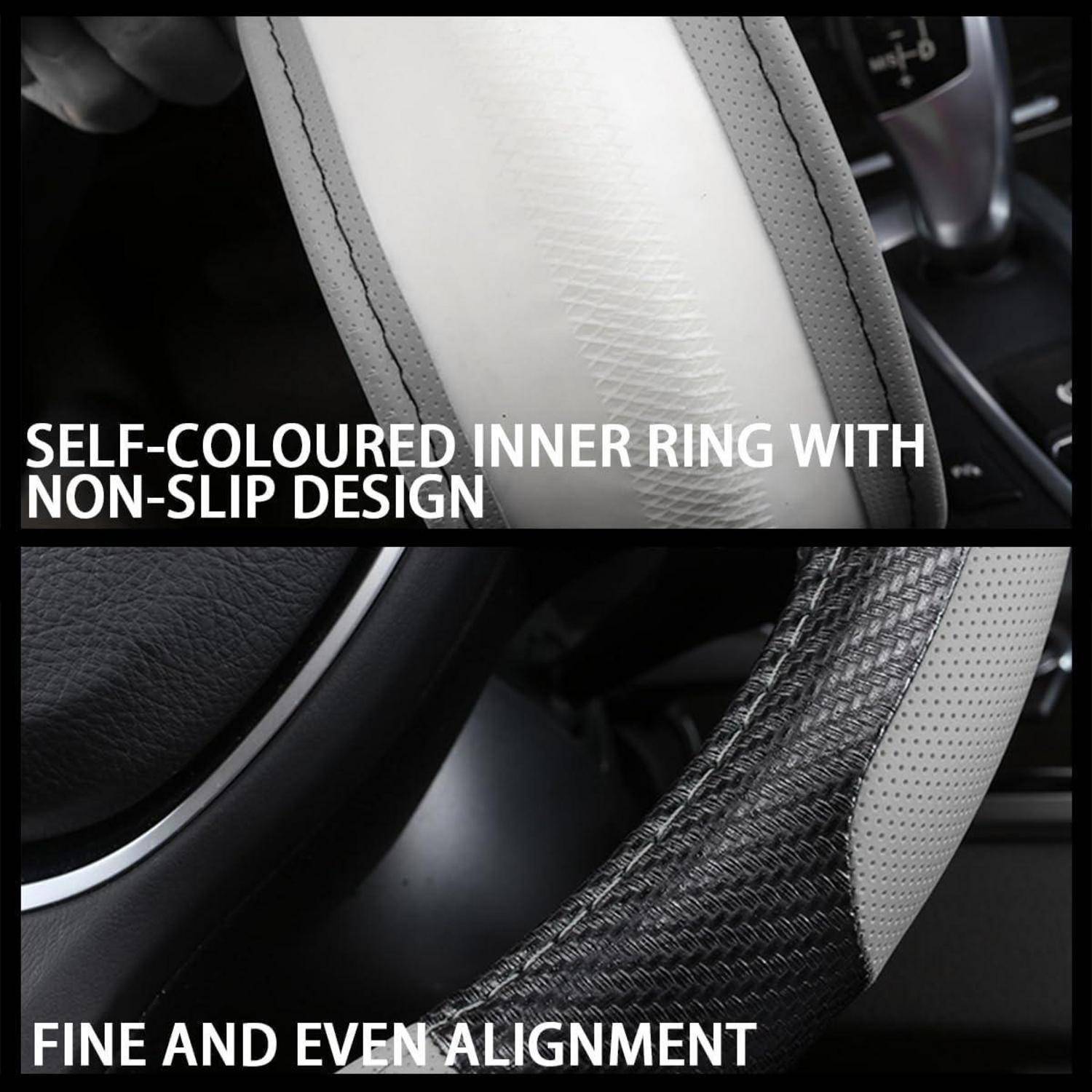 Nahaufnahme einer Autolenkradschutzhülle mit einem einfarbigen inneren Ring mit rutschfestem Design und feiner, gleichmäßiger Ausrichtung.