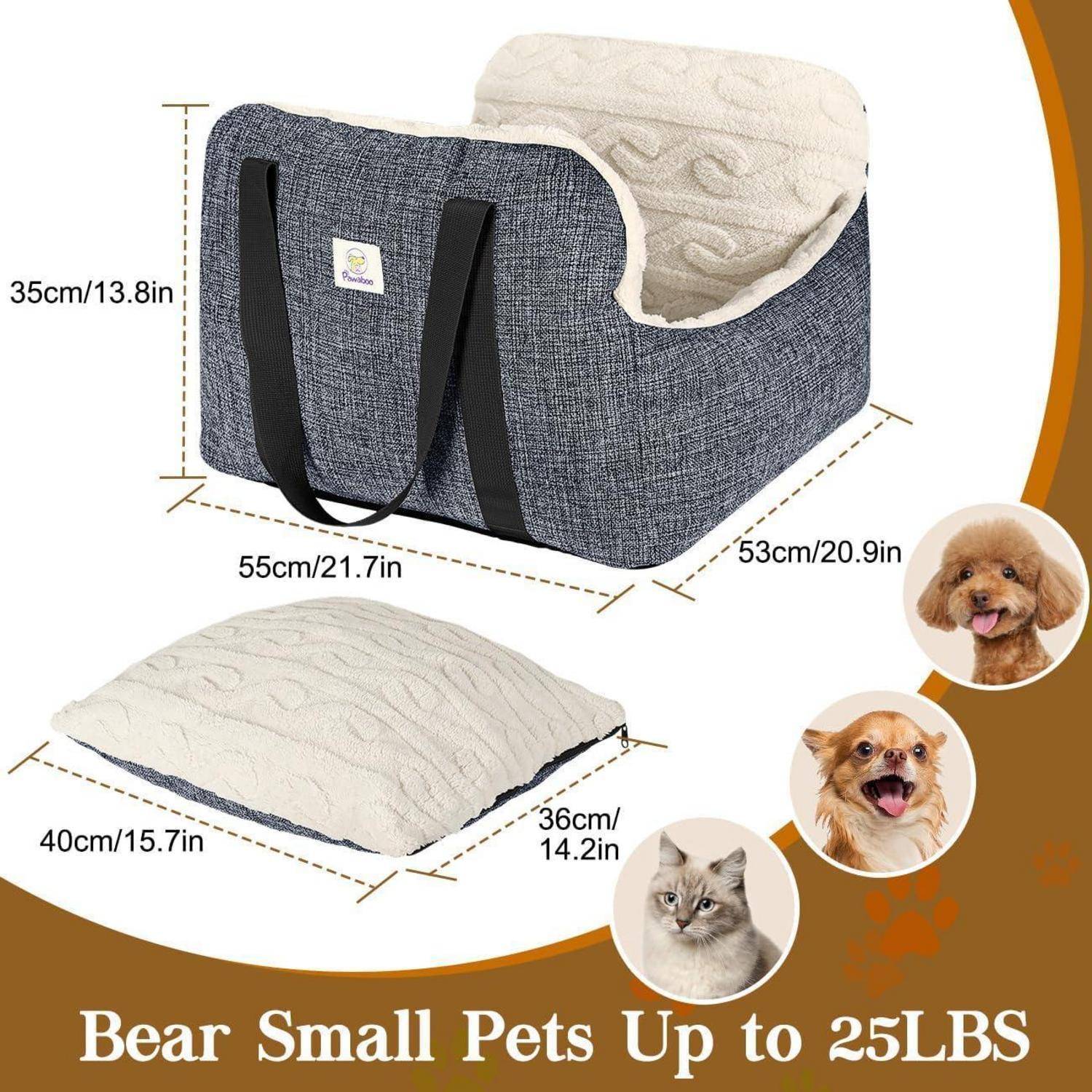 Produktbild zeigt ein Haustierträger-Bett mit den Abmessungen 55 x 53 x 35 cm und einem Kissen von 40 x 36 cm, gekennzeichnet für kleine Haustiere bis zu 25 Pfund.
