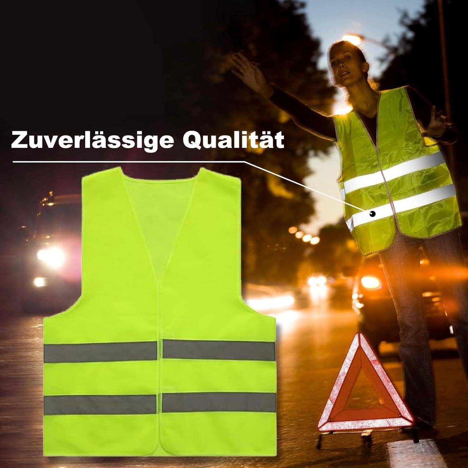 Hochwertiges Sicherheitswarnweste, gezeigt mit einem Arbeiter nachts auf einer Straße, beschriftet mit „Zuverlässige Qualität