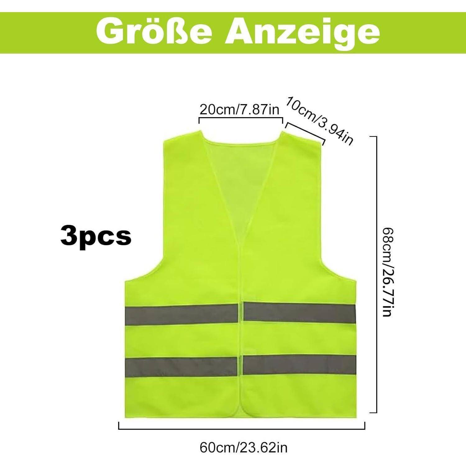 Größendarstellungsbild mit 3 Sicherheitswesten mit hoher Sichtbarkeit, mit beschrifteten Abmessungen: 60 cm breit, 68 cm lang, 20 cm Schulterbreite, 10 cm Halsbreite.