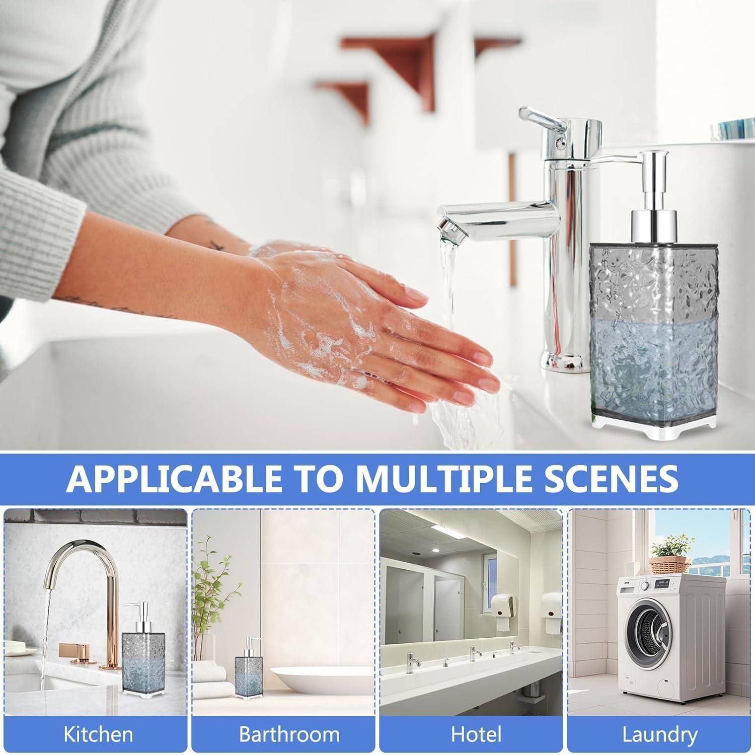 Hände waschen mit Seife an einem modernen Waschbecken; das Bild zeigt auch den Seifenspender, der für Küche, Badezimmer, Hotel und Wäscherei geeignet ist.