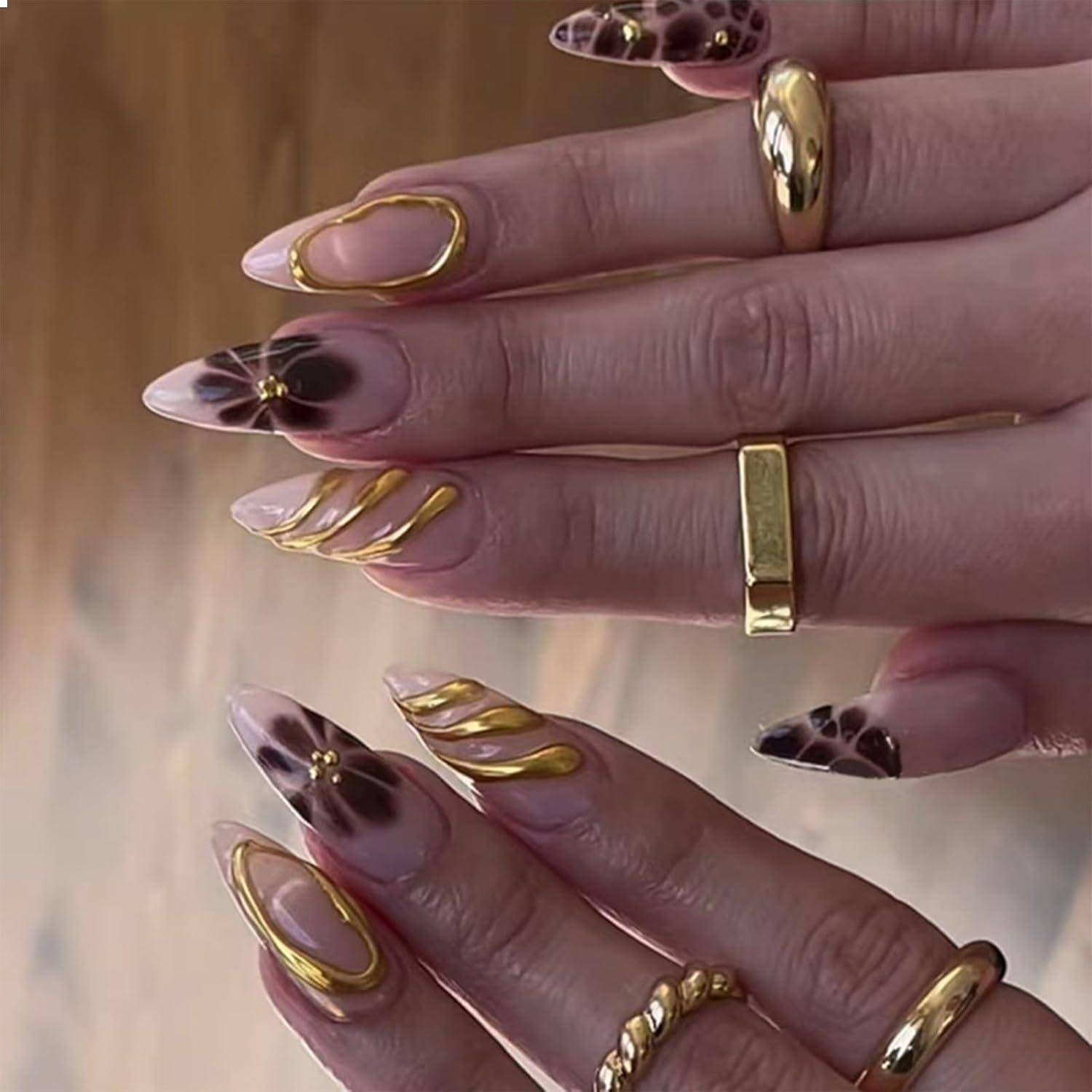 GlamRays 24 Stücke Press On Nägel Mittel Almond Braun - Herbst Blume 3D Gold Textur Design Akryl-Stiletto Klebe-auf-Falsche Nägel