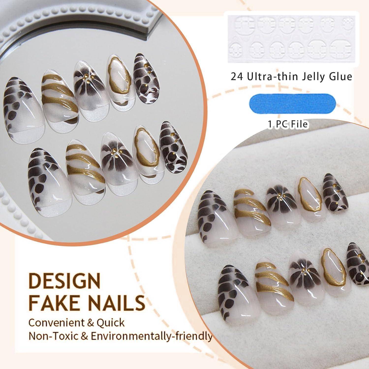 GlamRays 24 Stücke Press On Nägel Mittel Almond Braun - Herbst Blume 3D Gold Textur Design Akryl-Stiletto Klebe-auf-Falsche Nägel