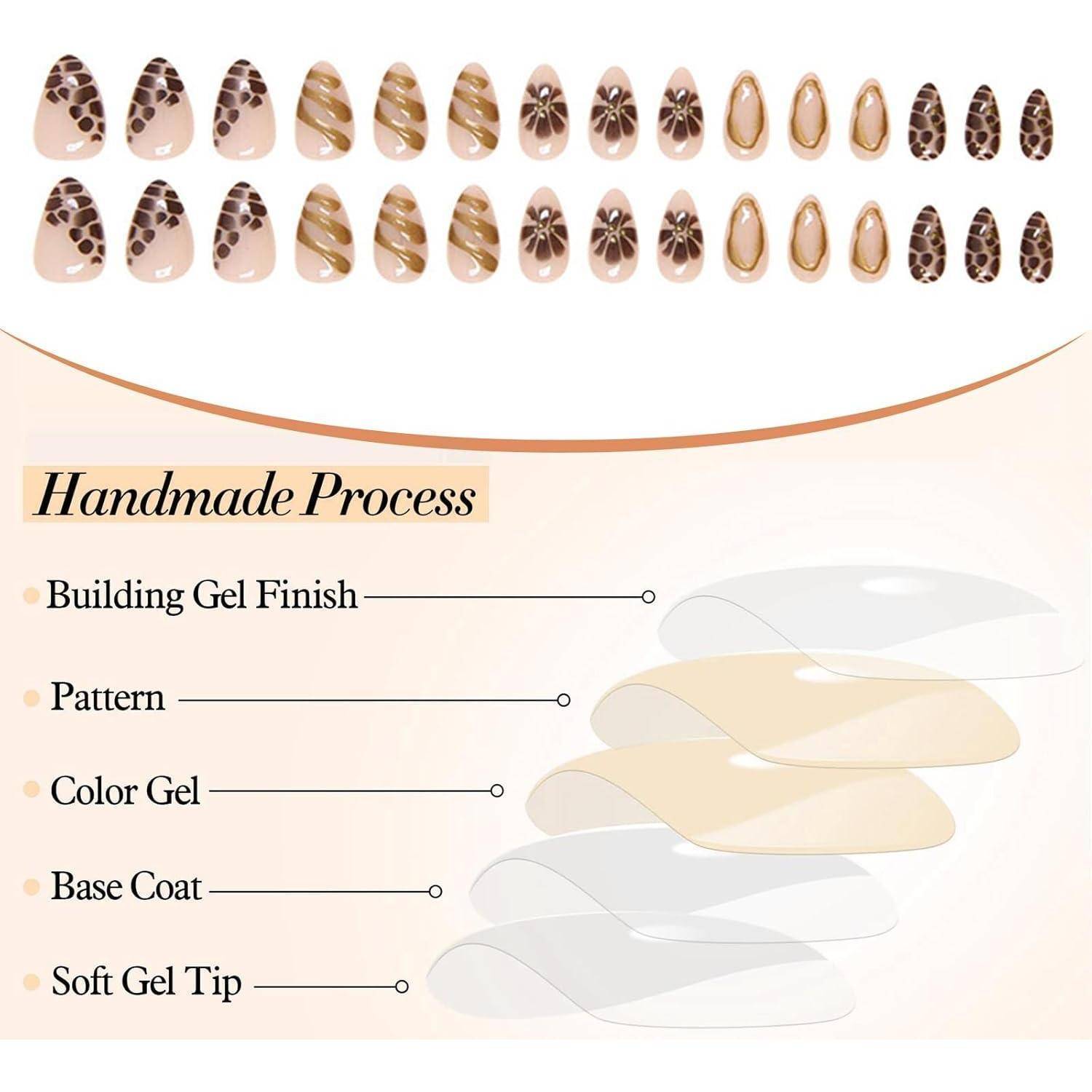 GlamRays 24 Stücke Press On Nägel Mittel Almond Braun - Herbst Blume 3D Gold Textur Design Akryl-Stiletto Klebe-auf-Falsche Nägel