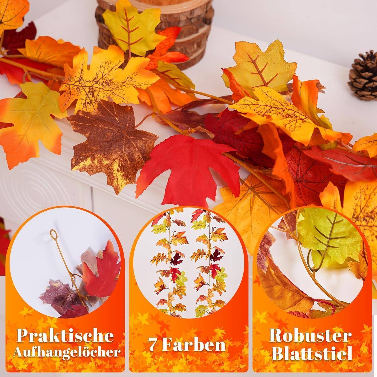 Künstliche Herbstahornblätter in Rot, Orange und Gelb, mit drei Beschriftungen, die praktische Aufhängelöcher, 7 Farben und robuste Blattstiele zeigen.