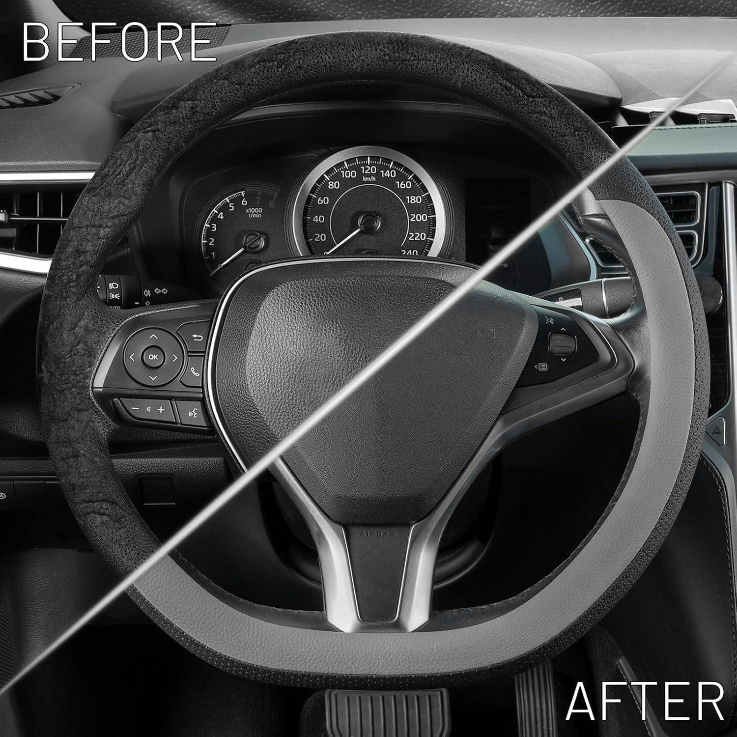 Vorher-und-Nachher-Vergleich einer Lenkradabdeckung für ein Auto, das ein einfaches schwarzes Lenkrad mit „VORHER" und eine graubraune samtig aussehende Abdeckung mit „NACHHER"" zeigt.