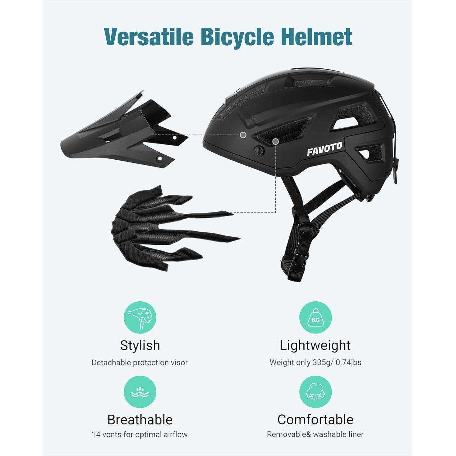 Werbe-Grafik eines schwarzen FAVOTO-Fahrradhelms mit abnehmbarem Visier und abnehmbarem/waschbarem Innenfutter, gekennzeichnet als stilvoll, leicht, atmungsaktiv und komfortabel.