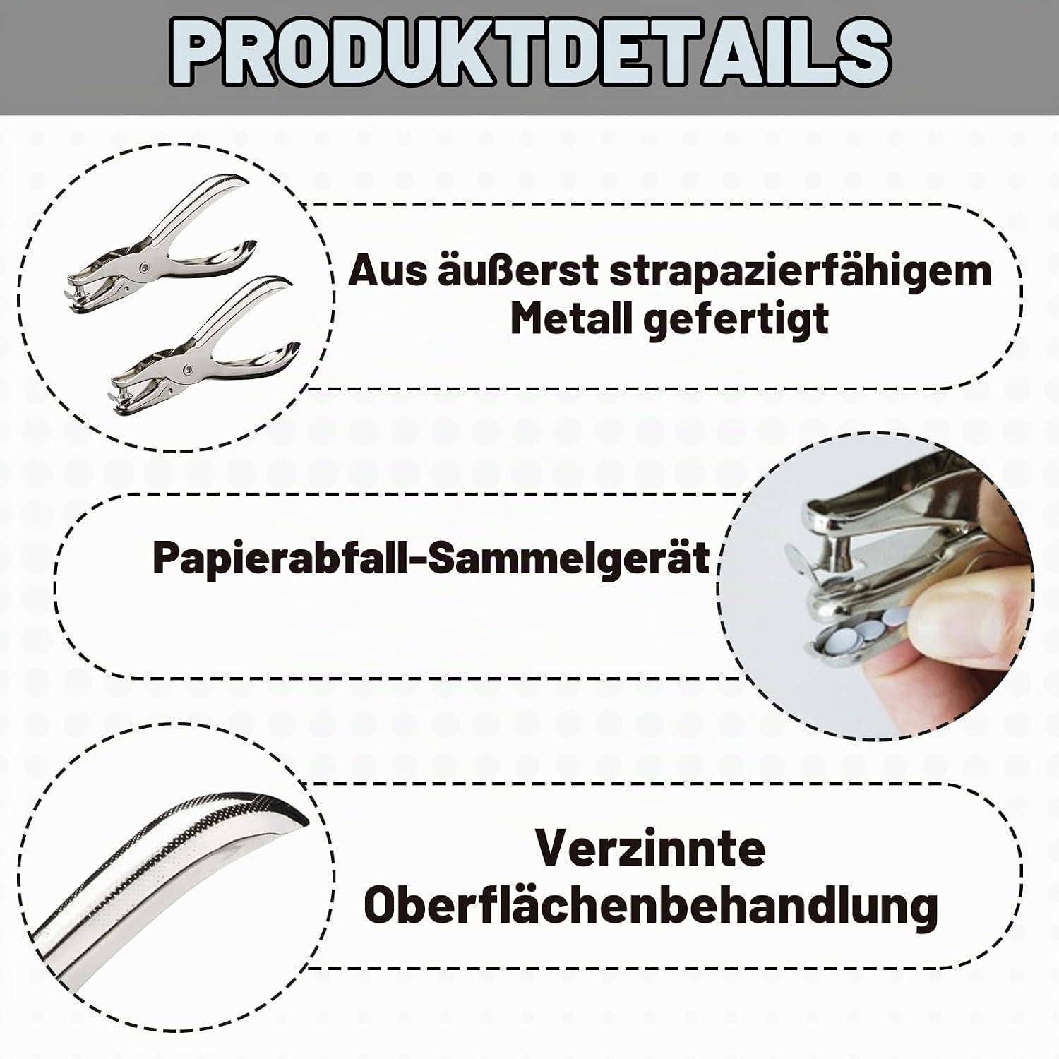 Produktdetails-Grafik zeigt ein Metallpaperclip-Sammelgerät, hergestellt aus langlebigem Metall mit einer verzinnten Oberflächenveredelung.