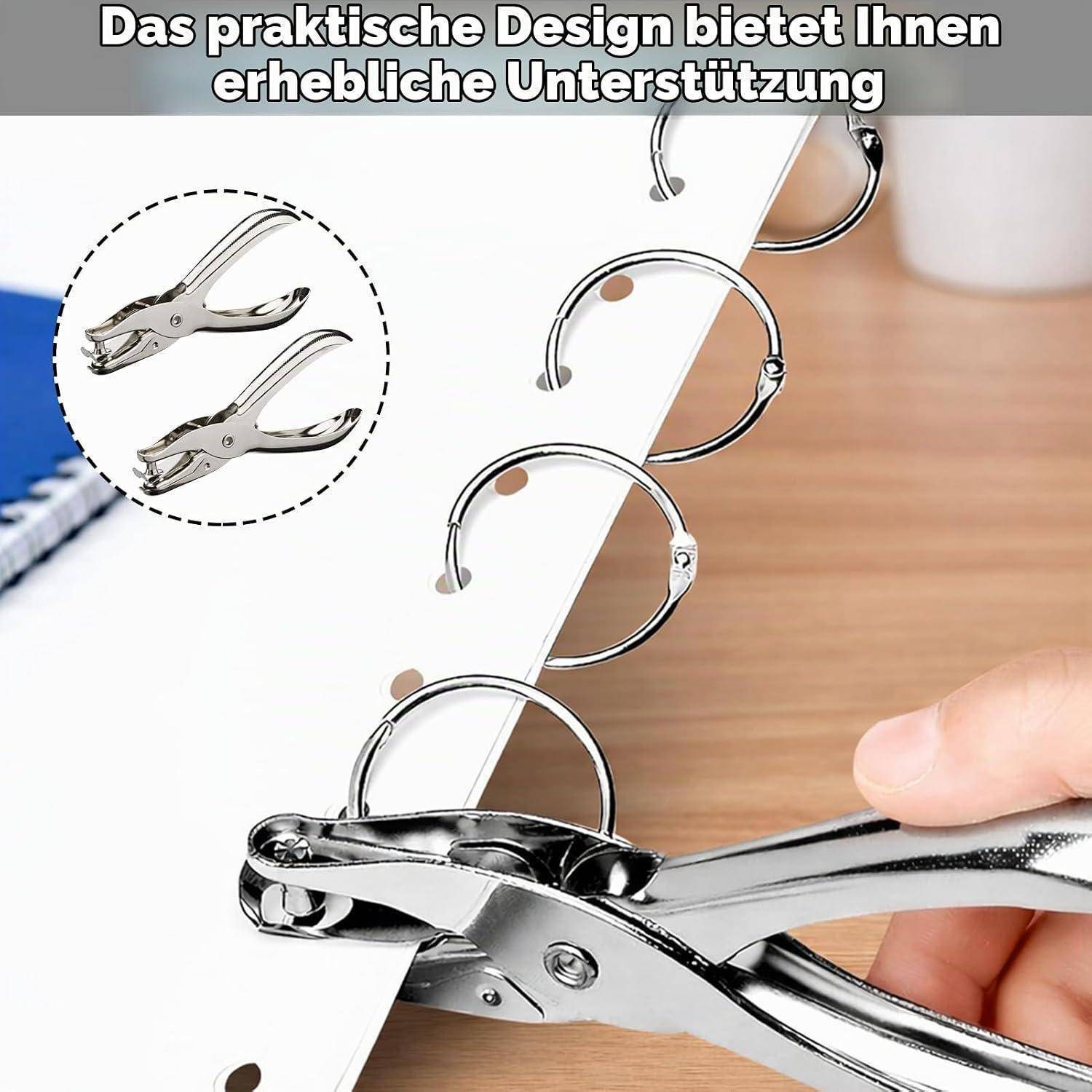 Eine Hand benutzt einen silbernen Ringbinderlochstanzer, um ein Blatt Papier zu stanzen; die Vergrößerung zeigt zwei ähnliche Stanzer. Der deutsche Text besagt „Das praktische Design bietet Ihnen erhebliche Unterstützung".