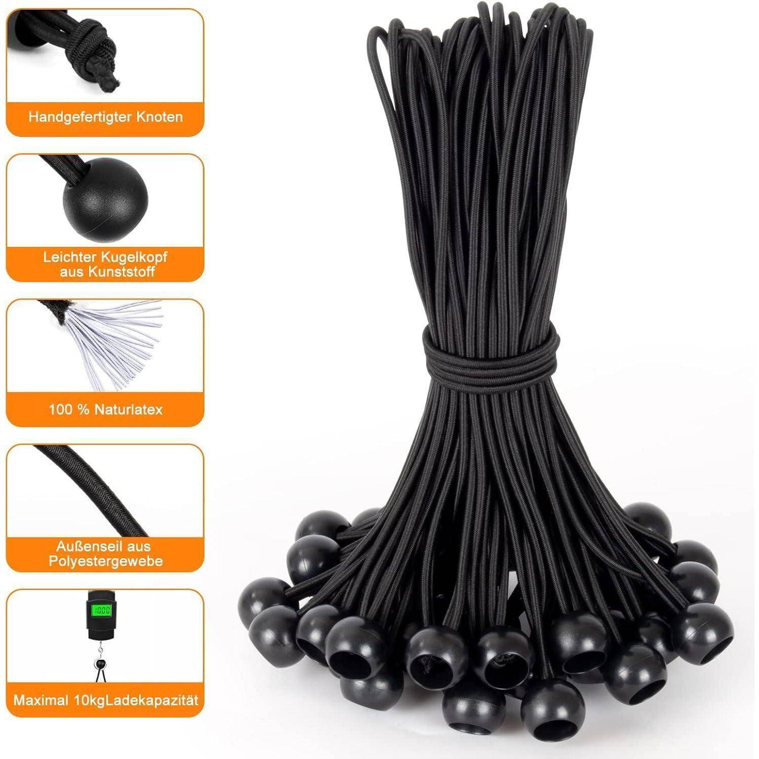 Bündel schwarzer Spanngurte mit Kugelenden, gezeigt mit deutschen Beschriftungen: handgebundener Knoten, leichte Kunststoffkugel, Naturlatex, Polyesterhülle, max. 10 kg Traglast.