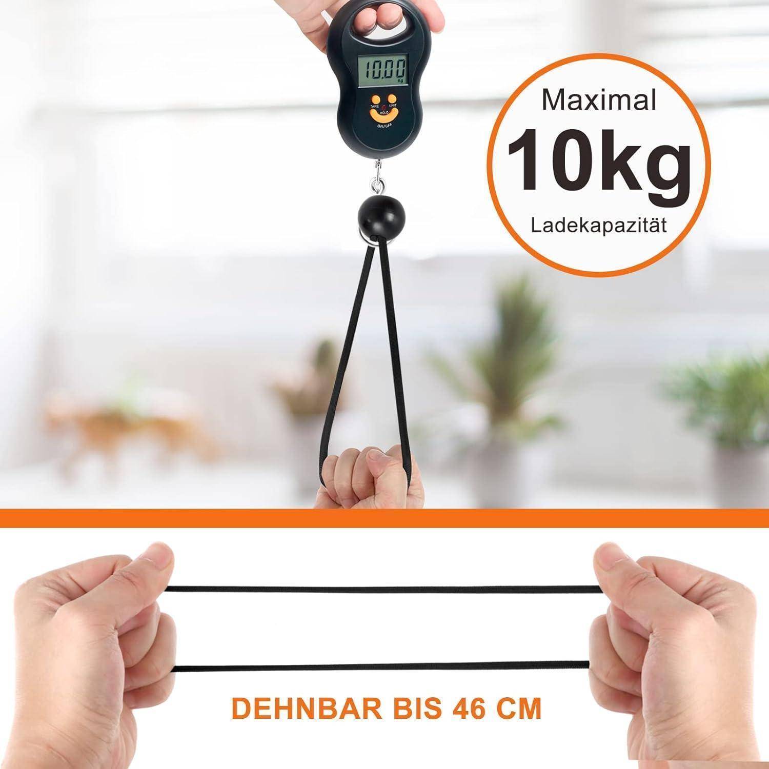 Digitale Kofferwaage misst 10,0 kg, mit Text „Maximal 10 kg Ladekapazität