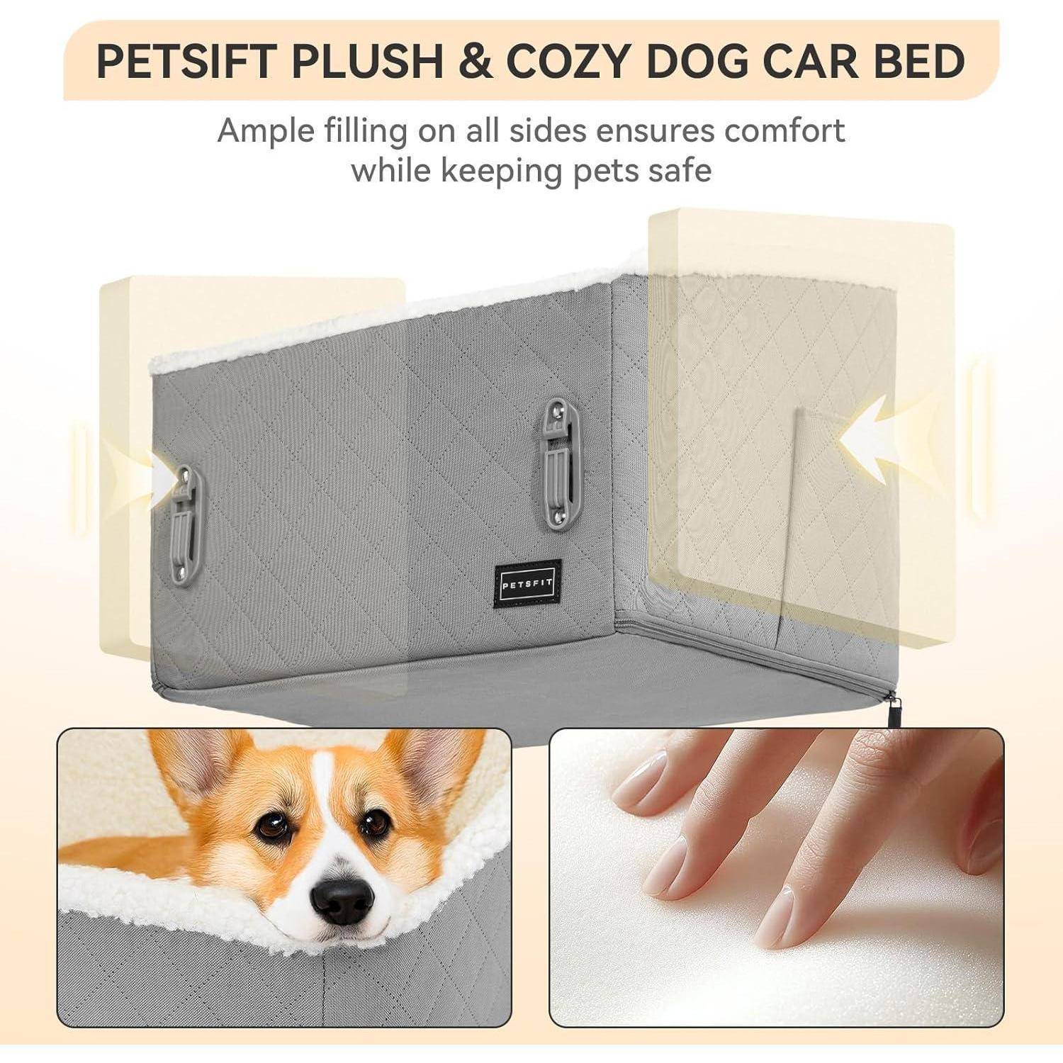 PETSFIT Hunde Autositz erhöht 12.5cm, Hundesitz Auto Rückbank mit Sicherheitspatent, Hundeautositz mit abnehmbarem Plüschbezug, Hundekorb Auto für