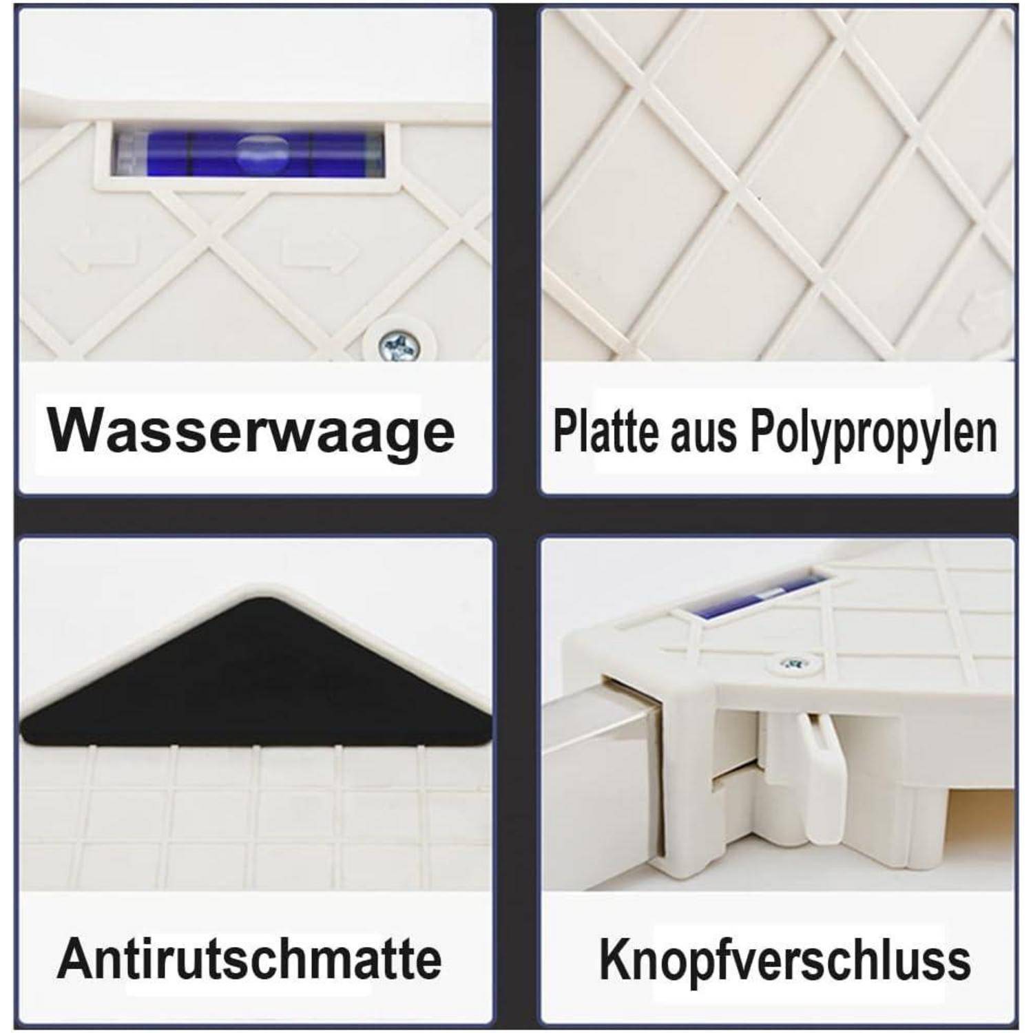Produktbild zeigt vier Merkmale des Campingbodens mit Bezeichnungen auf Deutsch: Wasserspiegel, Polypropylenplatte, Antirutschmatte und Knopfverschluss.