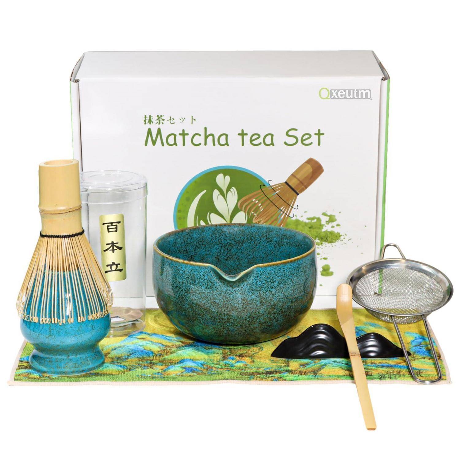 Matcha Set Handgedrehtes Matcha Tea Set mit Bambus Matcha Besen, Keramik Matcha Schale, Löffel und Halter, 7 Stk Prämie Ceremonial Matcha Set (Blau)