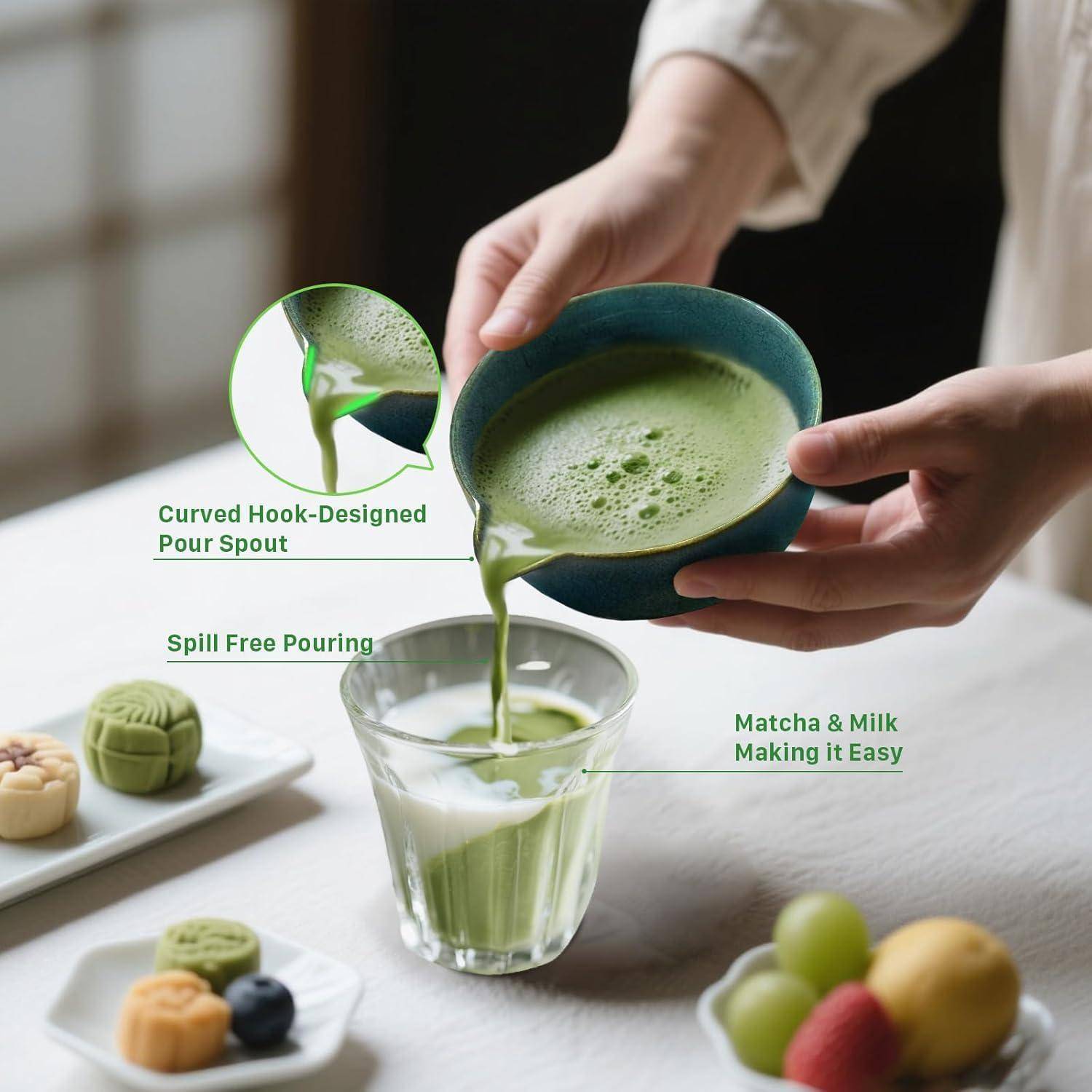 Matcha Set Handgedrehtes Matcha Tea Set mit Bambus Matcha Besen, Keramik Matcha Schale, Löffel und Halter, 7 Stk Prämie Ceremonial Matcha Set (Blau)
