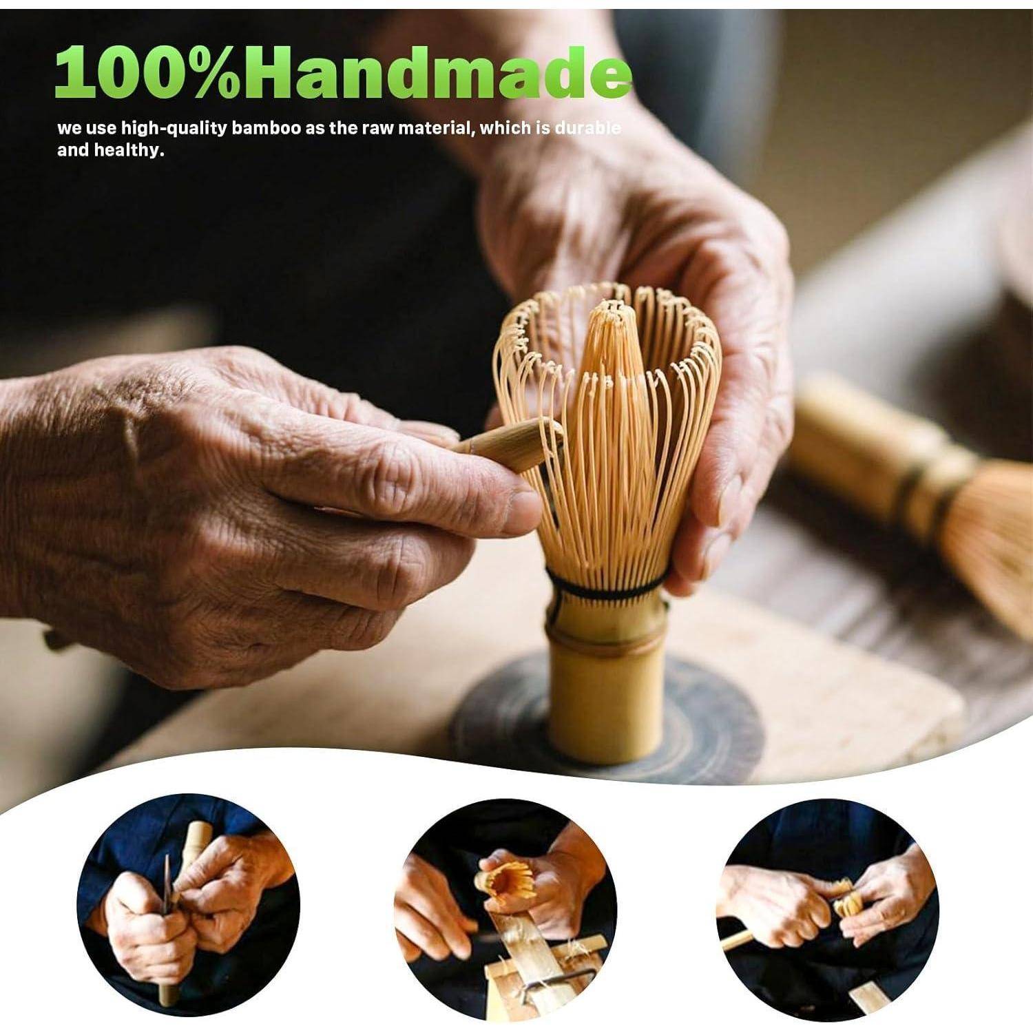 Hände, die einen Bambusbesen von Hand weben, mit dem Text „100% Handgefertigt