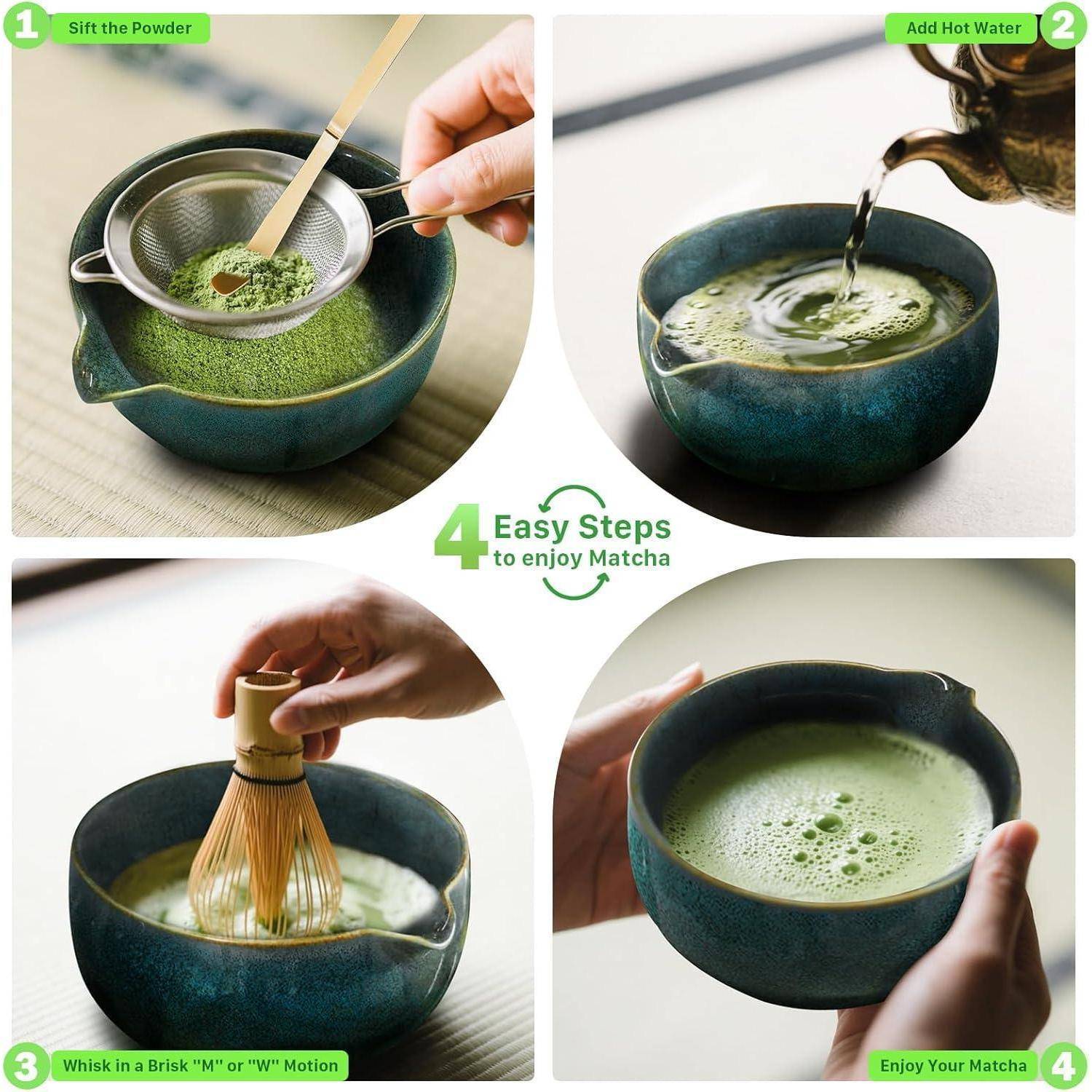 Matcha Set Handgedrehtes Matcha Tea Set mit Bambus Matcha Besen, Keramik Matcha Schale, Löffel und Halter, 7 Stk Prämie Ceremonial Matcha Set (Blau)